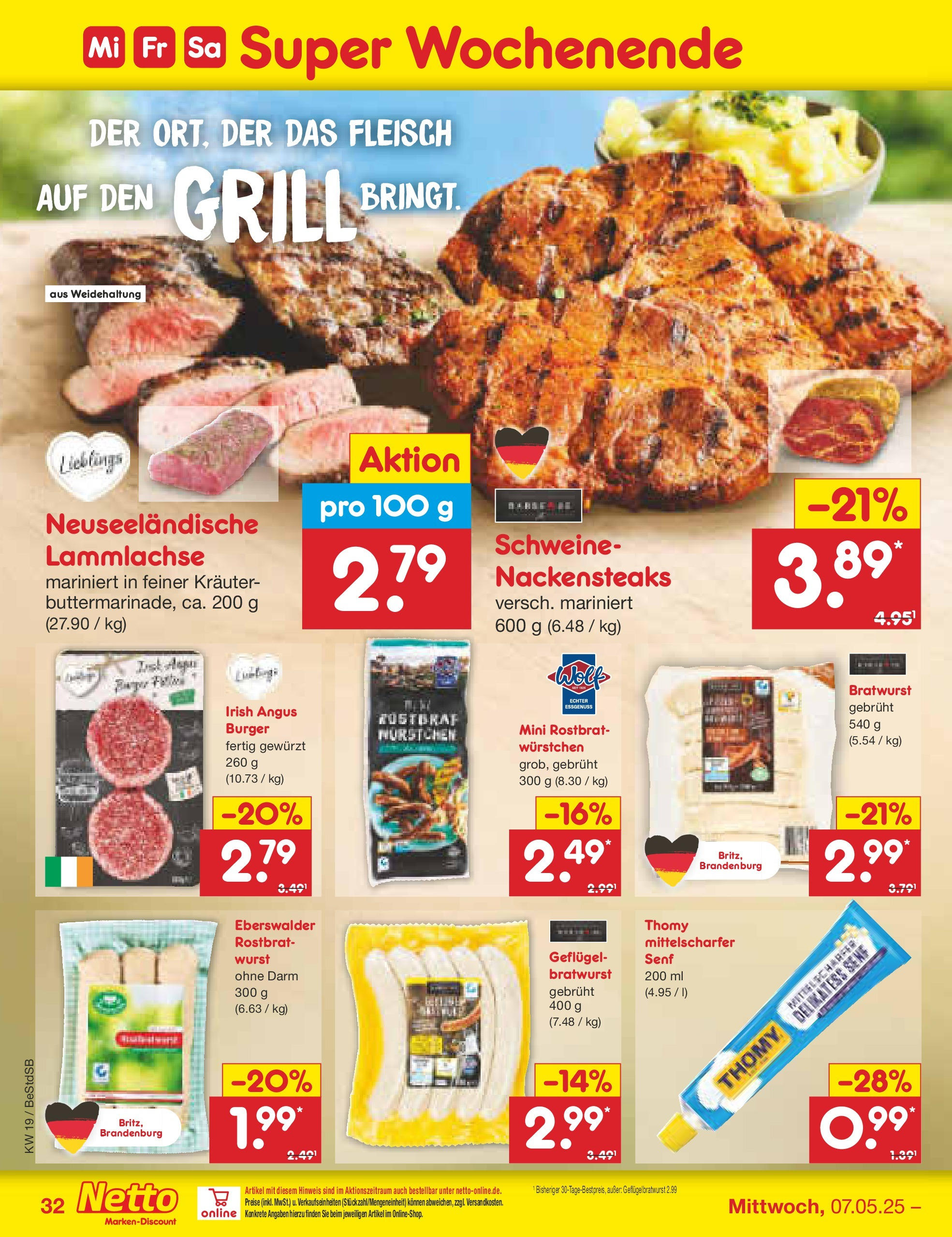 Netto Marken-Discount - Netto: Wochenangebote (ab 04.05.2025) » Angebote | Seite: 58 | Produkte: Nackensteaks, Bratwurst, Burger, Fleisch Netto Marken-Discount - Netto: Wochenangebote (ab 04.05.2025) » Angebote | Seite: 58 | Produkte: Nackensteaks, Bratwurst, Burger, Fleisch