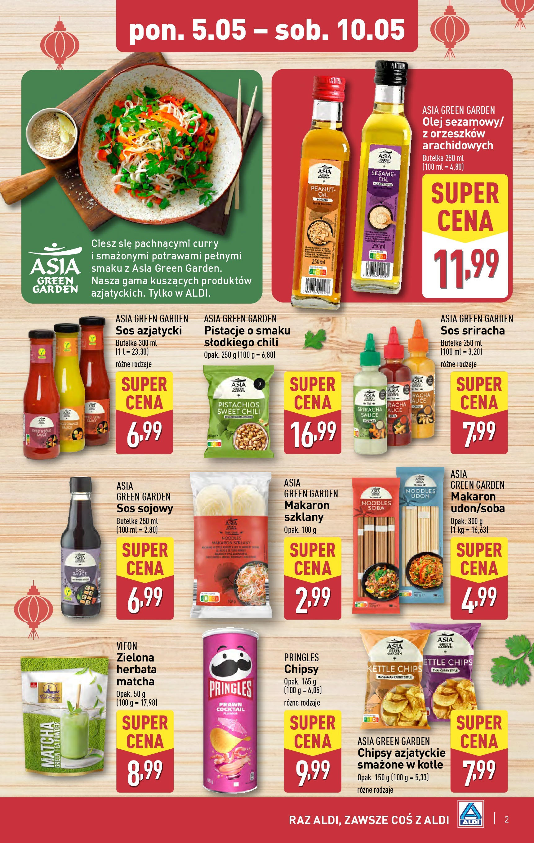 Aldi Gazetka - Promocja Azja od 05.05.2025 - Ulotka PDF, promocje | Strona: 2 | Produkty: Chipsy pringles, Sos sojowy, Herbata matcha, Sos sriracha