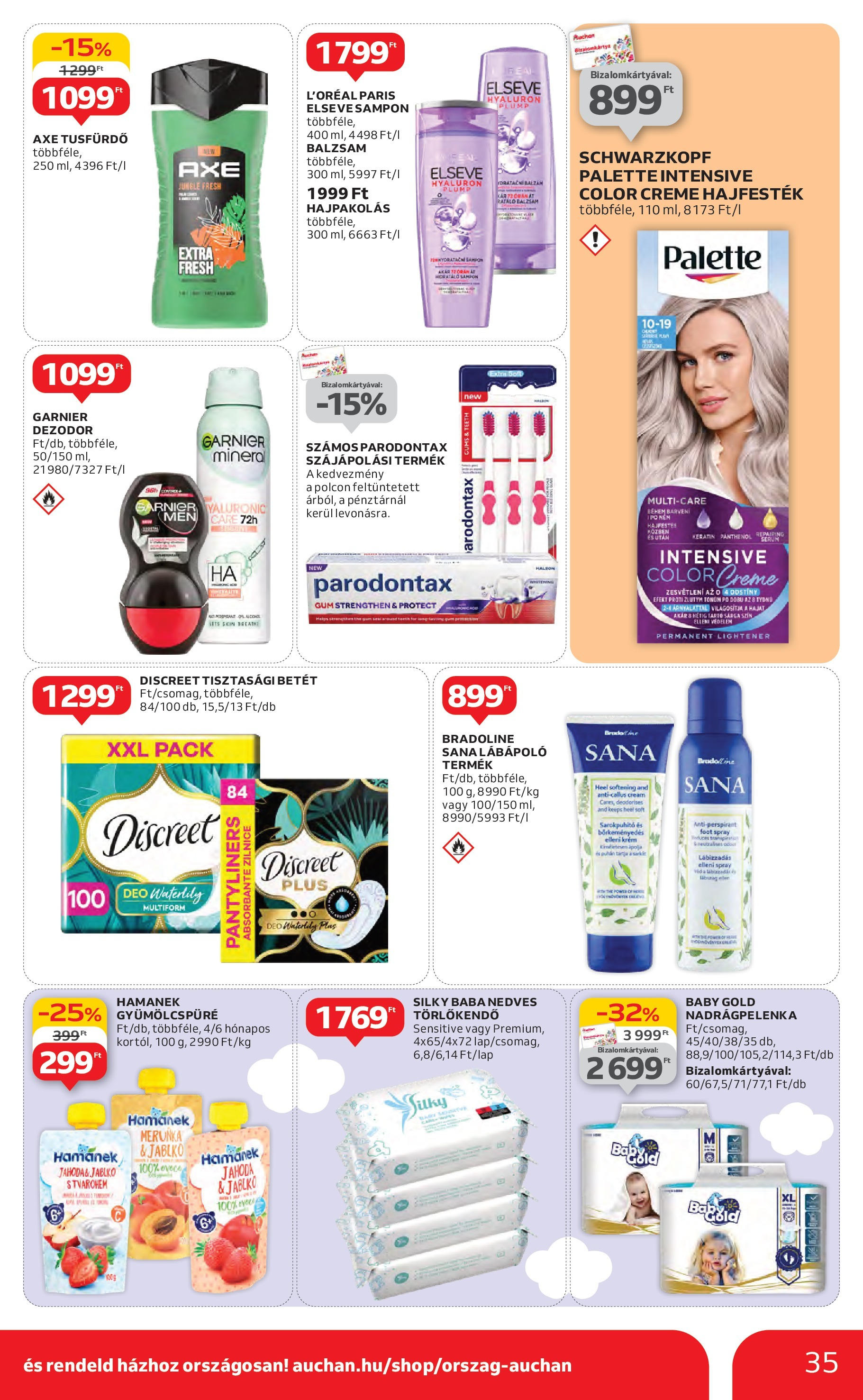 Akciós újság új Auchan - 2025.04.30. -tól/töl ⏳ | Oldal: 35 | Termékek: Sarokpuhító, Tisztasági betét, Hajfesték, Tusfürdő Auchan - Auchan újság érvényessége 05.07.-ig - 2025.04.30. -tól/töl > akció, lapozható szórólap 🛍️ | Oldal: 35 | Termékek: Sarokpuhító, Tisztasági betét, Hajfesték, Tusfürdő