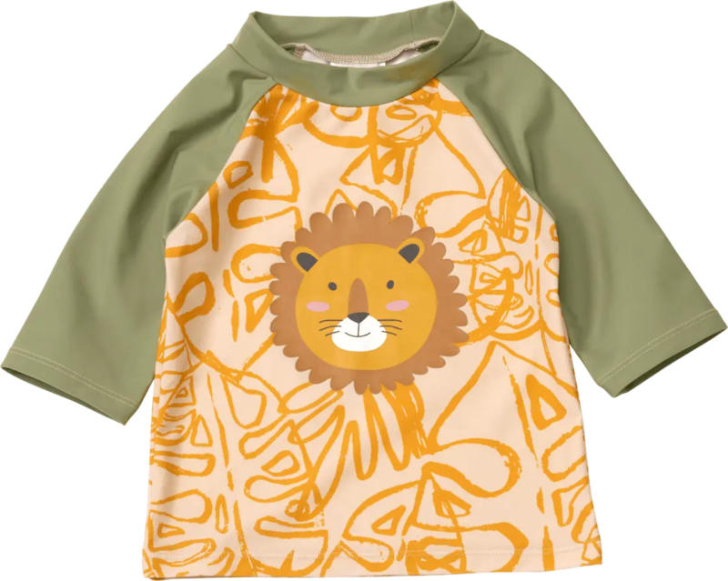 PUSBLU UV Shirt mit Blätter-Muster & Löwen-Applikation, grün & orange, Gr. 122/128