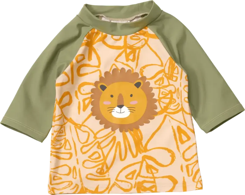 PUSBLU UV Shirt mit Blätter-Muster & Löwen-Applikation, grün & orange, Gr. 86/92