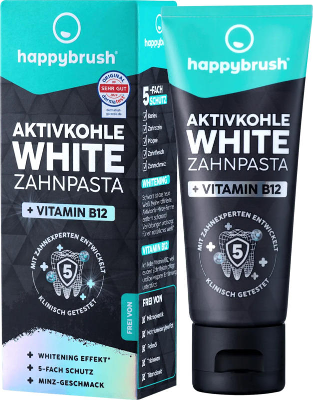 happybrush Zahnpasta Aktivkohle White mit Vit. B12