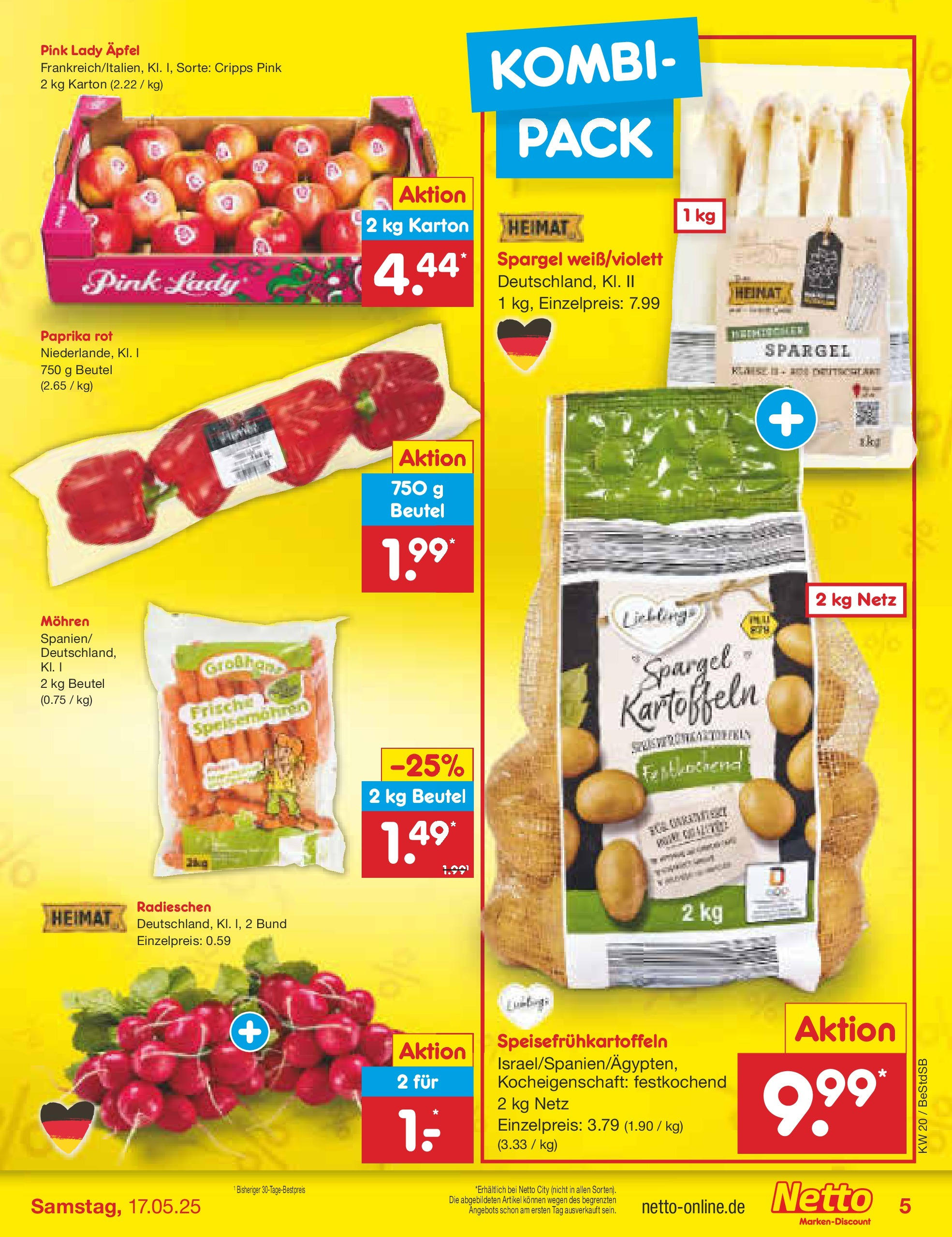 Netto Marken-Discount - Netto: Wochenangebote (ab 12.05.2025) » Angebote | Seite: 5 | Produkte: Paprika rot, Äpfel, Spargel, Kartoffeln Netto Marken-Discount - Netto: Wochenangebote (ab 12.05.2025) » Angebote | Seite: 5 | Produkte: Paprika rot, Äpfel, Spargel, Kartoffeln