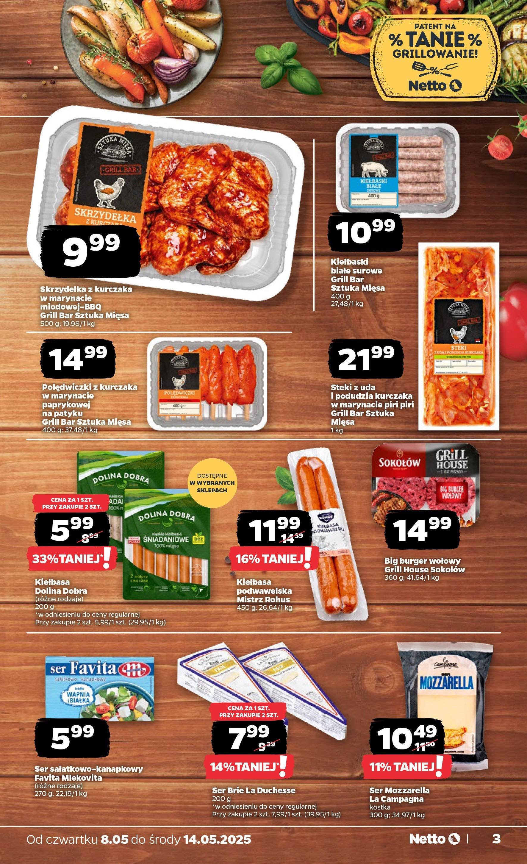 Netto gazetka od 08.05.2025 | Promocje | Strona: 3 | Produkty: Grill, Kiełbasa podwawelska, Mozzarella, Ser brie Netto gazetka od 08.05.2025 - Aktualne promocje | Strona: 3 | Produkty: Grill, Kiełbasa podwawelska, Mozzarella, Ser brie