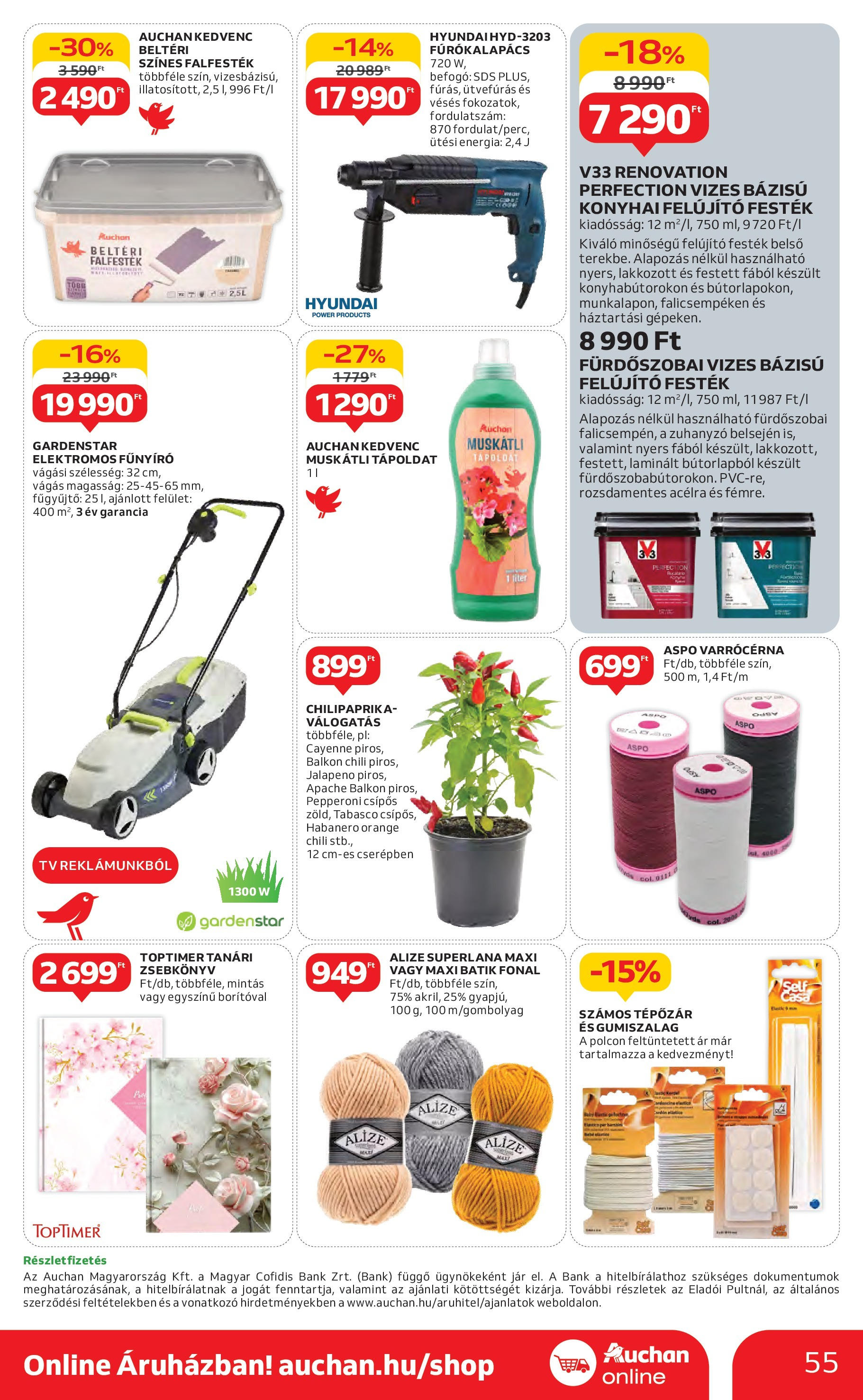 Akciós újság új Auchan - 2025.05.08. -tól/töl ⏳ | Oldal: 55 | Termékek: TV, Tápoldat, Elektromos fűnyíró, Festék Auchan Akciós újság - 2025.05.08. -tól/töl > akció, lapozható szórólap 🛍️ | Oldal: 55 | Termékek: TV, Tápoldat, Elektromos fűnyíró, Festék