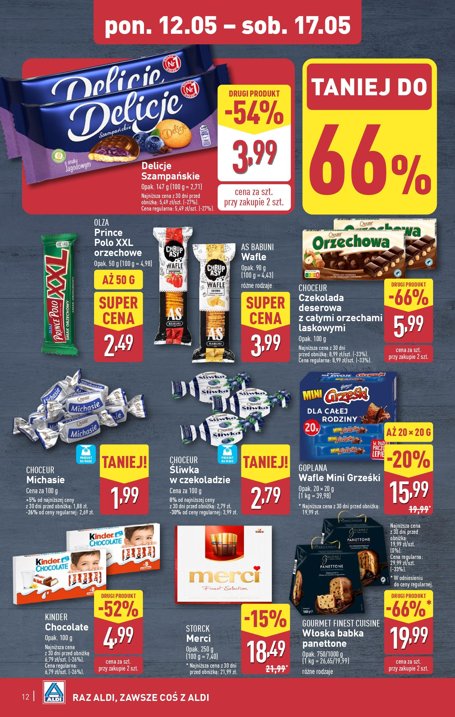Aldi Gazetka od 12.05.2025 | Nowa PDF gazetka | Strona: 12 | Produkty: Prince polo xxl, Wafle, Merci, Czekolada deserowa Aldi Gazetka od 12.05.2025 - Ulotka PDF, promocje | Strona: 12 | Produkty: Prince polo xxl, Wafle, Merci, Czekolada deserowa