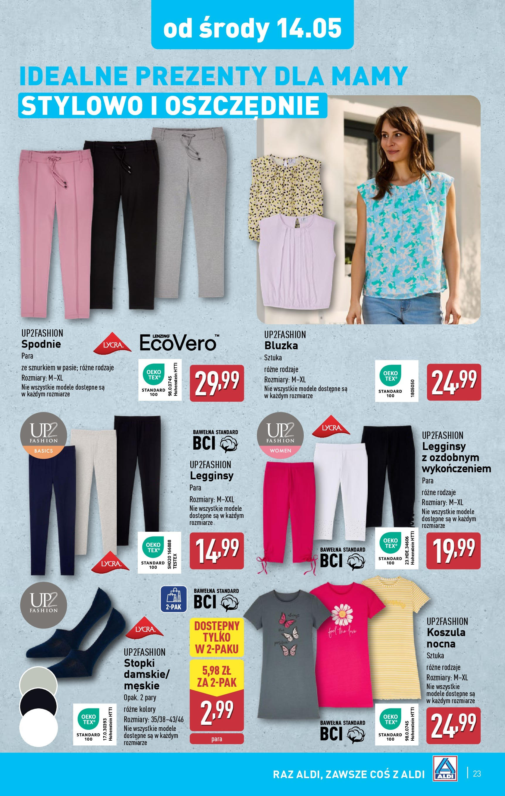 Aldi Gazetka od 12.05.2025 | Nowa PDF gazetka | Strona: 23 | Produkty: Koszula, Bluzka, Spodnie, Legginsy Aldi Gazetka od 12.05.2025 - Ulotka PDF, promocje | Strona: 23 | Produkty: Koszula, Bluzka, Spodnie, Legginsy