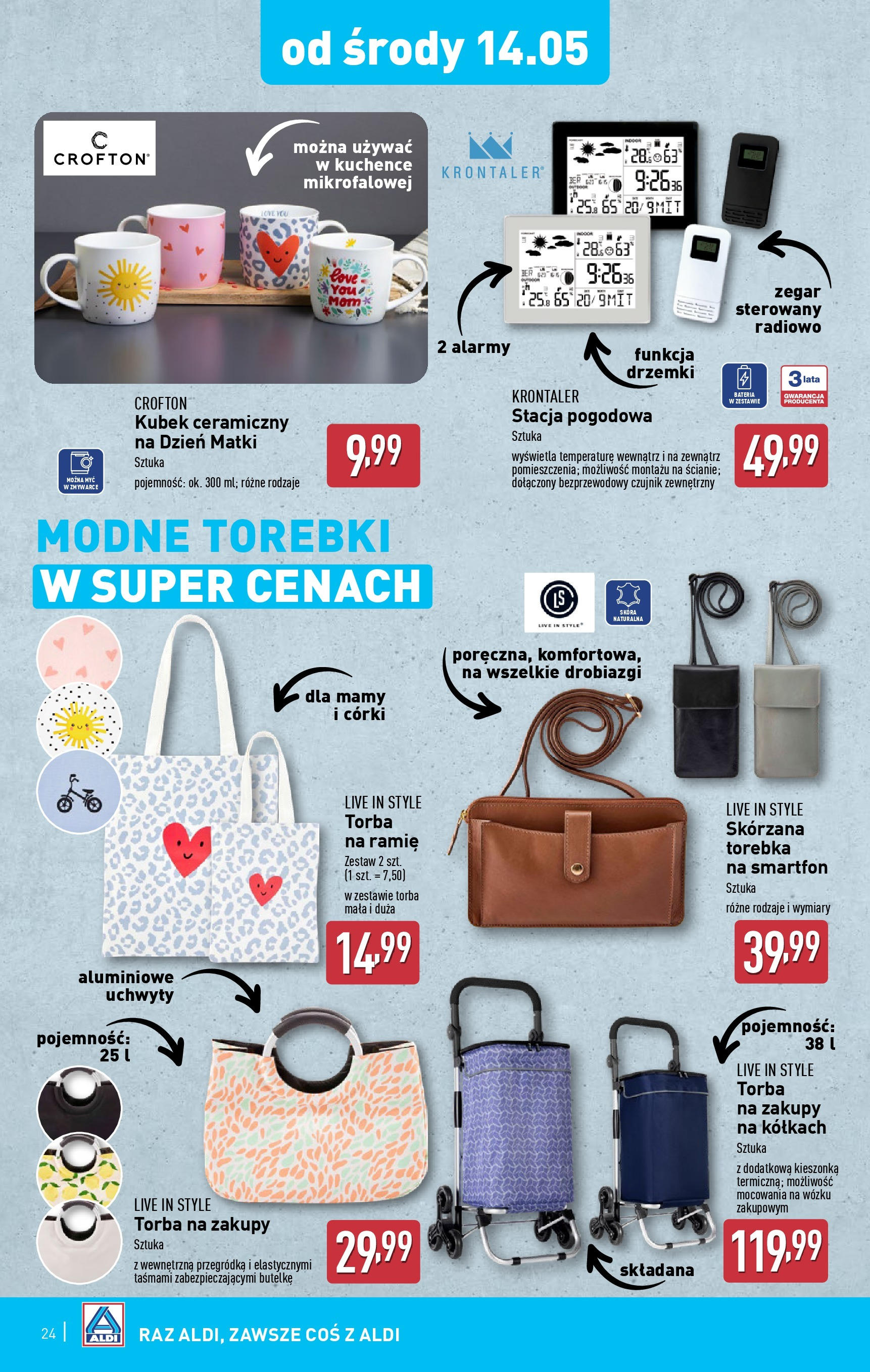 Aldi Gazetka od 12.05.2025 | Nowa PDF gazetka | Strona: 24 | Produkty: Torebka, Stacja pogodowa, Torba, Bateria Aldi Gazetka od 12.05.2025 - Ulotka PDF, promocje | Strona: 24 | Produkty: Torebka, Stacja pogodowa, Torba, Bateria