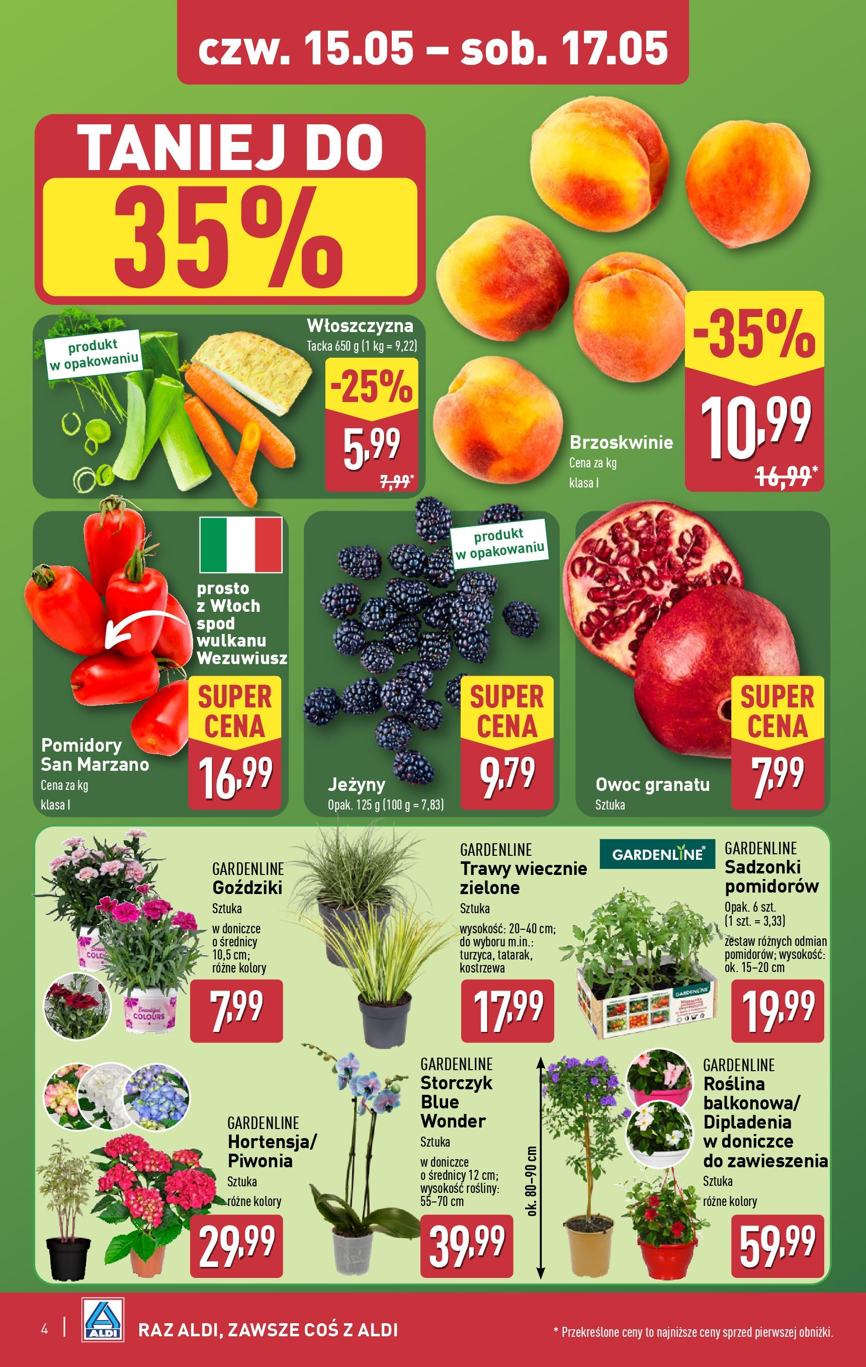 Aldi Gazetka - Okazje na weekend od 15.05.2025 - Ulotka PDF, promocje | Strona: 4 | Produkty: Trawy, Jeżyny, Pomidory, Brzoskwinie