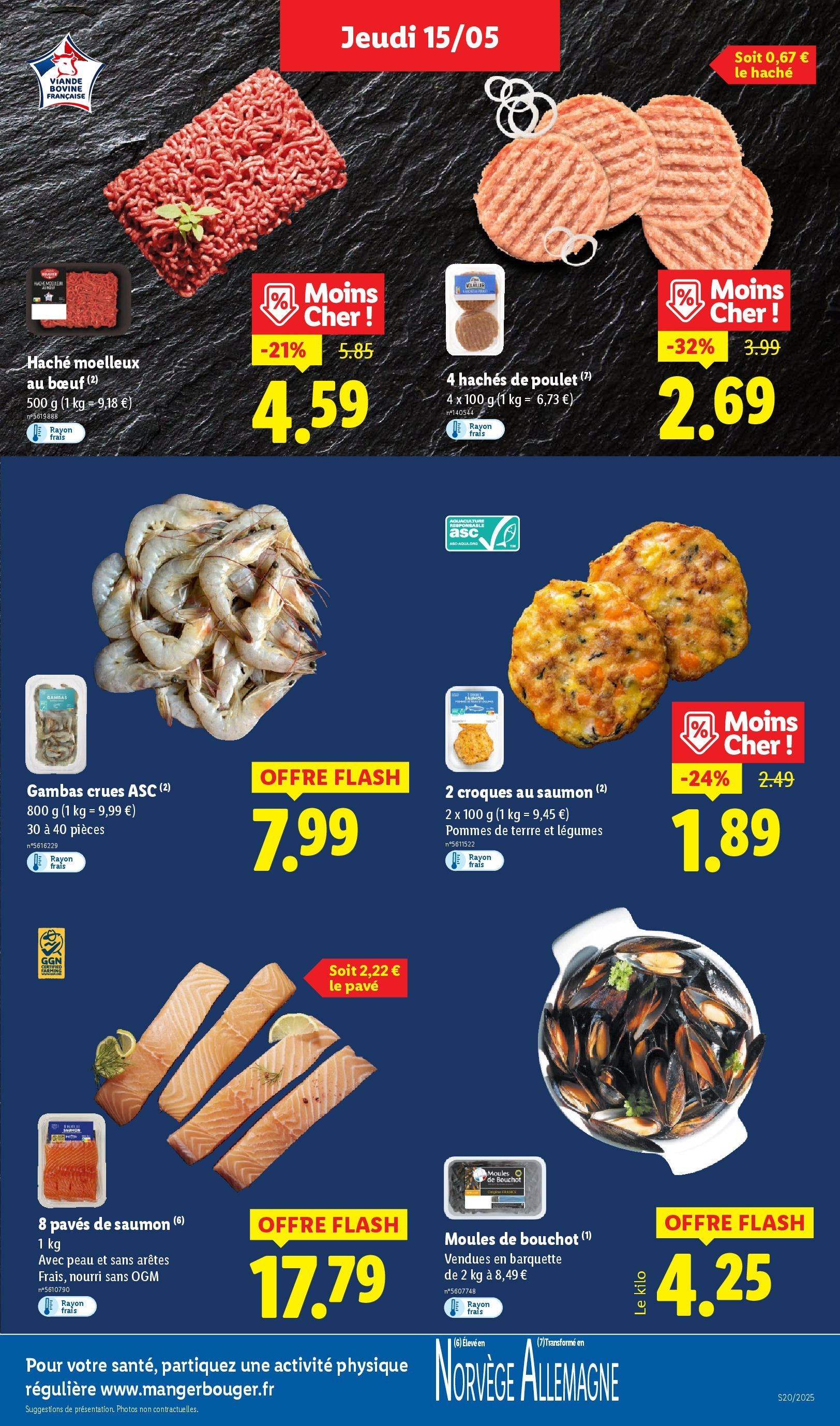 Catalogue LIDL du 14/05/2025 | Promo prospectus en ligne | Page: 7 | Produits: Moules de bouchot, Viande, Saumon, Pommes de terre Catalogue LIDL du 14/05/2025 | Promo prospectus en ligne | Page: 7 | Produits: Moules de bouchot, Viande, Saumon, Pommes de terre