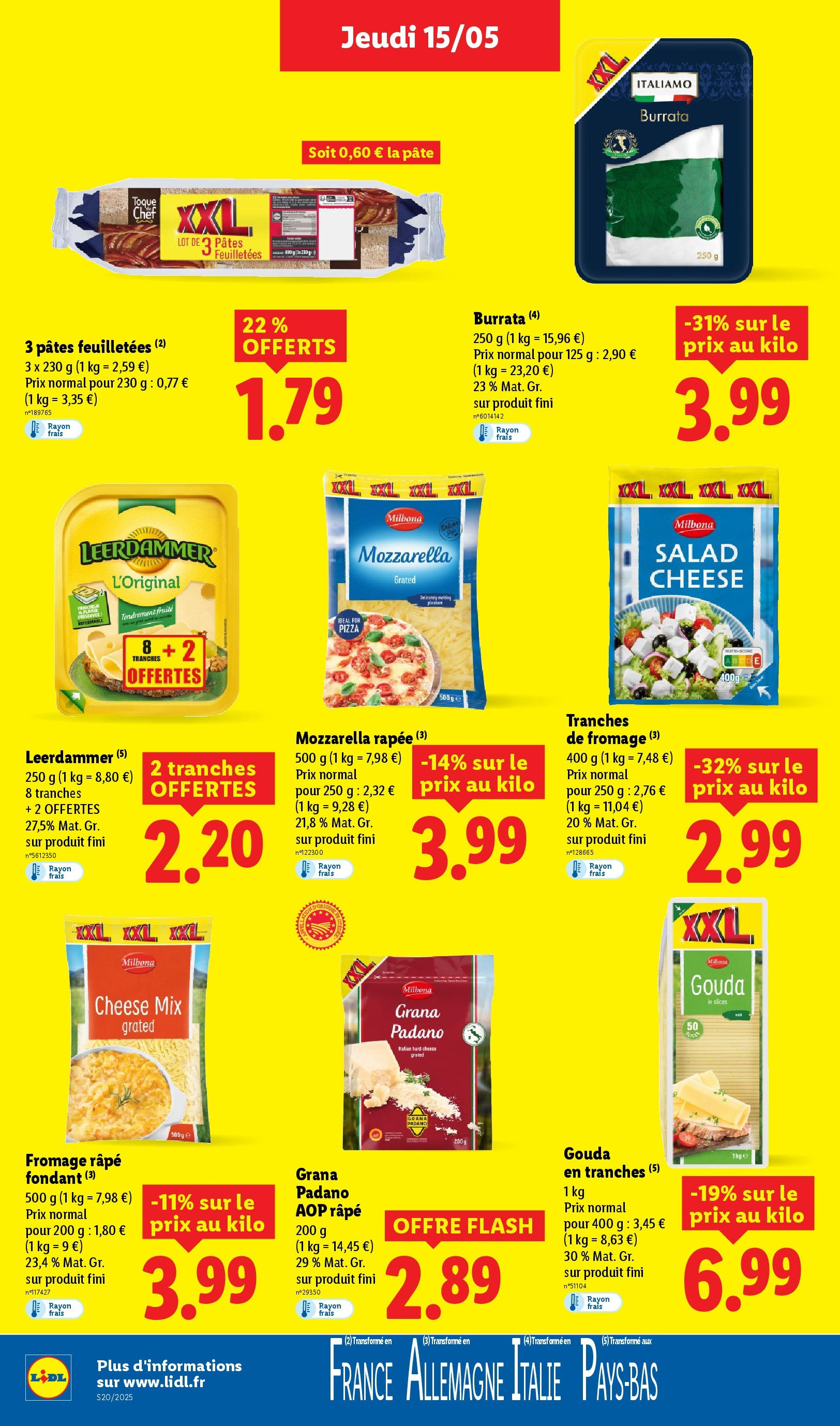 Catalogue LIDL du 14/05/2025 | Promo prospectus en ligne | Page: 18 | Produits: Mozzarella, Fromage râpé, Pizza, Pâtes Catalogue LIDL du 14/05/2025 | Promo prospectus en ligne | Page: 18 | Produits: Mozzarella, Fromage râpé, Pizza, Pâtes