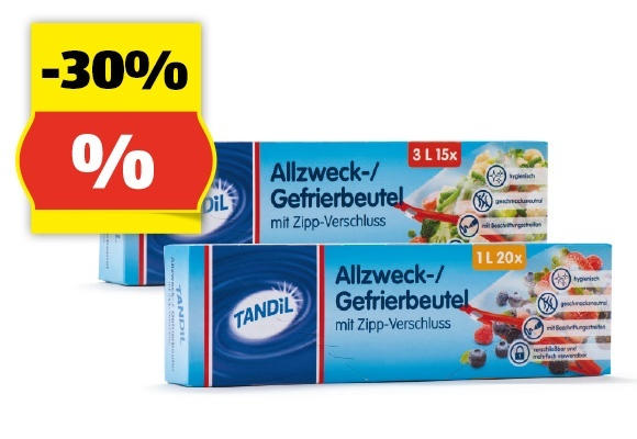 TANDIL Gefrierbeutel mit Zip, 20 Stk. (1 l)/15 Stk. (3 l)