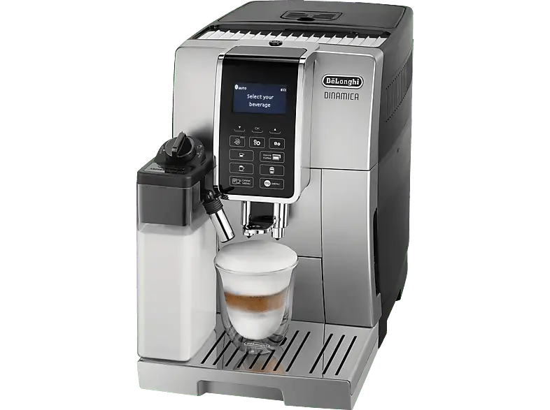 De'Longhi Dinamica ECAM352.57.SB - 6 Kaffeespezialitäten Kaffeevollautomat (Silber/Schwarz, Kegelmahlwerk mit 13 einstellbaren Mahlgraden, 15 bar, externer Milchbehälter)