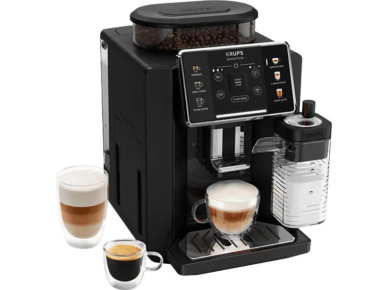 Krups EA9128D Sensation Milk Kaffeevollautomat (Schwarz, Kegelmahlwerk, externer Milchbehälter)