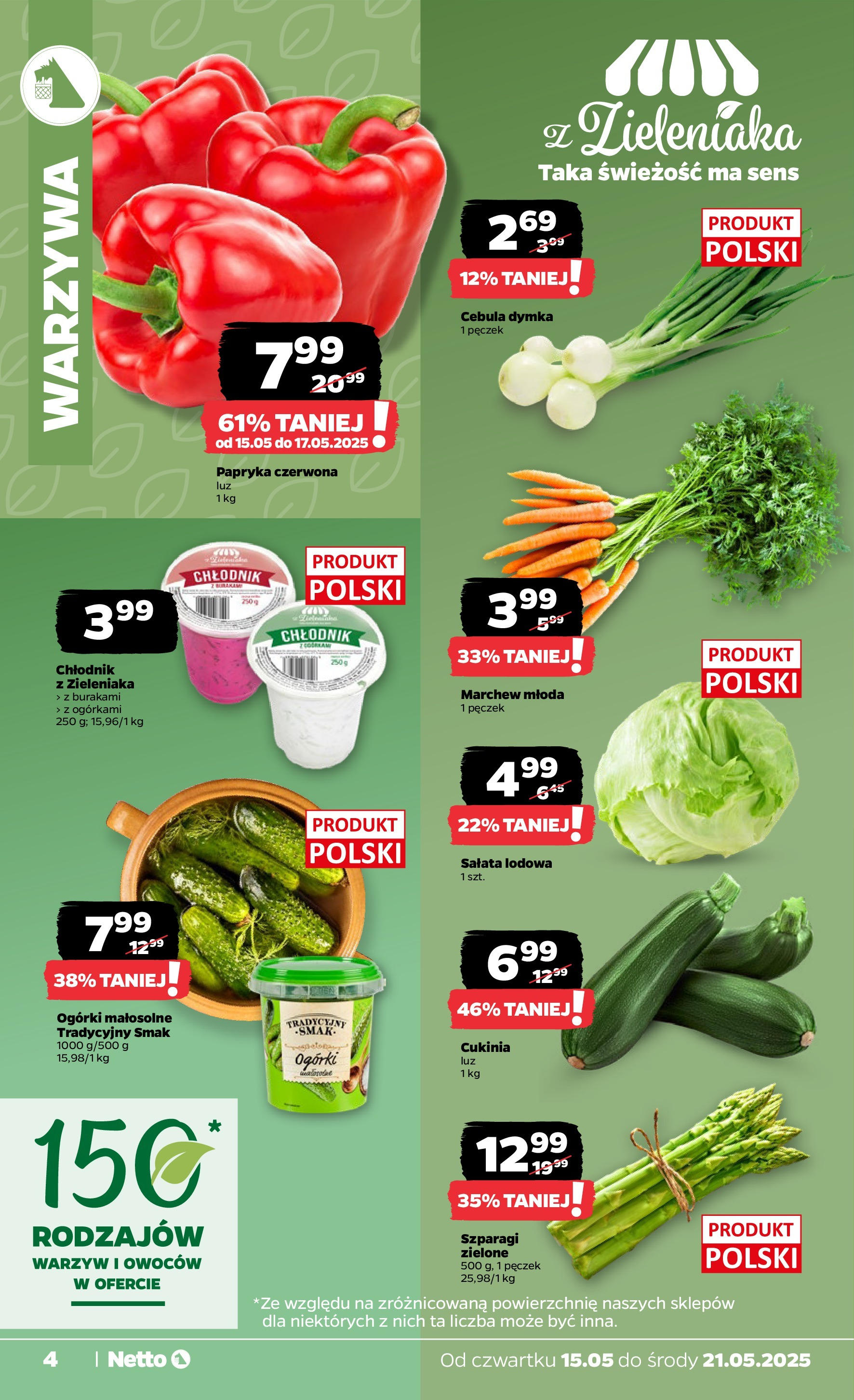 Netto gazetka - Spożywcza od 15.05.2025 | Promocje | Strona: 4 | Produkty: Cukinia, Papryka czerwona, Ogórki, Warzywa Netto gazetka - Spożywcza od 15.05.2025 - Aktualne promocje | Strona: 4 | Produkty: Cukinia, Papryka czerwona, Ogórki, Warzywa