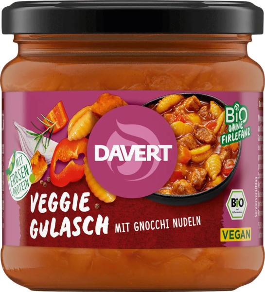 Davert Veggie Gulasch mit Gnocchi Nudeln, vegan