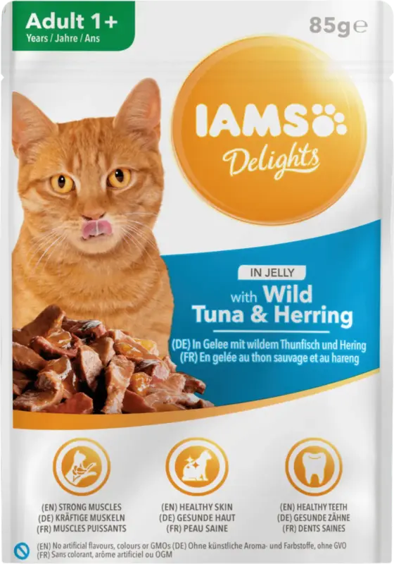 IAMS Nassfutter für Katzen, Adult, Delights, Thunfisch & Hering in Gelee