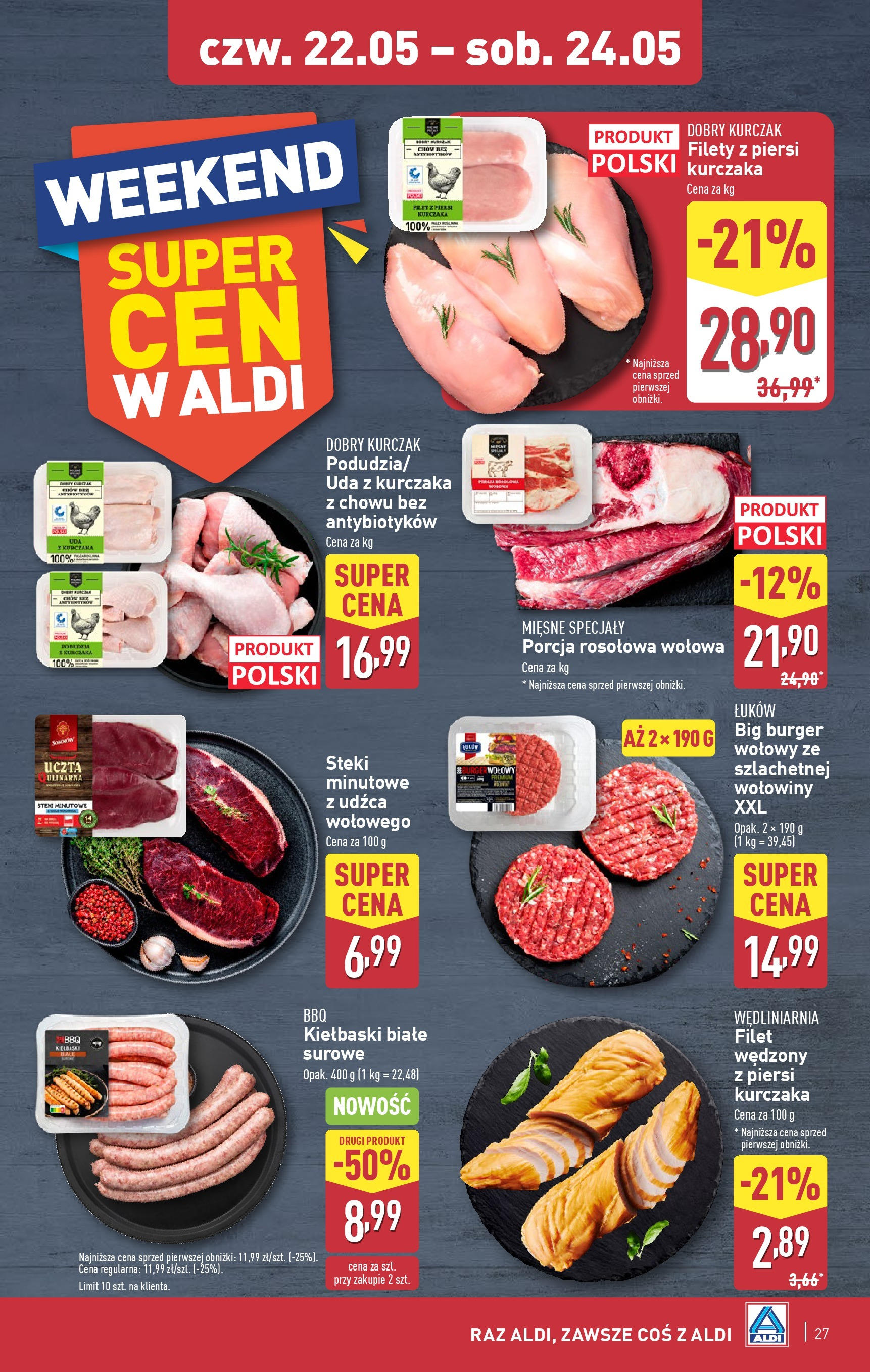 Aldi - Aldi Gazetka Cała wazna do 24.05 od 18.05.2025 | Nowa PDF gazetka | Strona: 27 | Produkty: Burger wołowy, Kurczak, Kiełbaski, Filet z piersi kurczaka Aldi - Aldi Gazetka Cała wazna do 24.05 od 18.05.2025 - Ulotka PDF, promocje | Strona: 27 | Produkty: Burger wołowy, Kurczak, Kiełbaski, Filet z piersi kurczaka