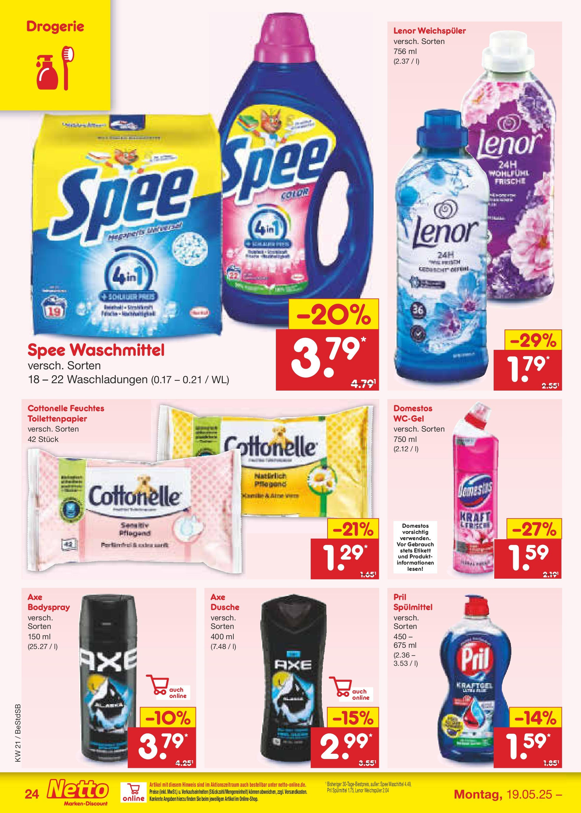 Netto Marken-Discount - Netto: Wochenangebote (ab 18.05.2025) » Angebote | Seite: 38 | Produkte: Weichspüler, Axe, Pril, Toilettenpapier Netto Marken-Discount - Netto: Wochenangebote (ab 18.05.2025) » Angebote | Seite: 38 | Produkte: Weichspüler, Axe, Pril, Toilettenpapier