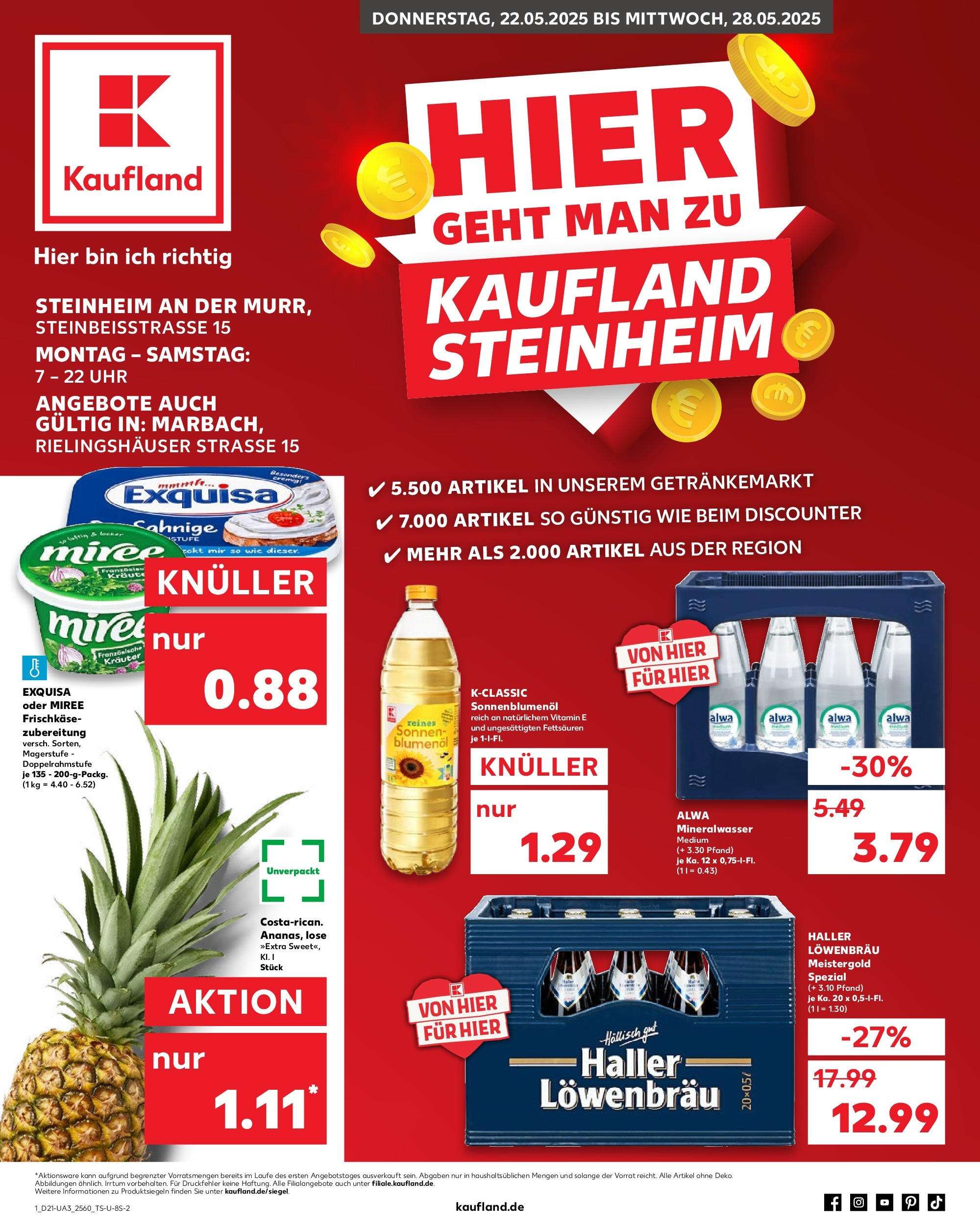 Kaufland prospekt Steinheim An Der Murr (ab 21.05.2025) » Angebote Online | Seite: 1 | Produkte: Sonnenblumenol, Mineralwasser, Exquisa, Frischkase Kaufland prospekt Steinheim An Der Murr (ab 21.05.2025) » Angebote Online zum Blättern | Seite: 1 | Produkte: Sonnenblumenol, Mineralwasser, Exquisa, Frischkase
