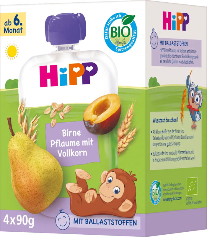 HiPP Quetschie Birne, Pflaume mit Vollkorn ab dem 6. Monat (4x90 g)