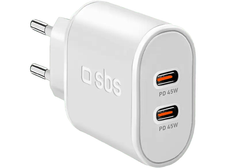 SBS TETR2CPD45W Ladegerät mit Power Delivery, 45W, 2x USB-Type-C, Weiß