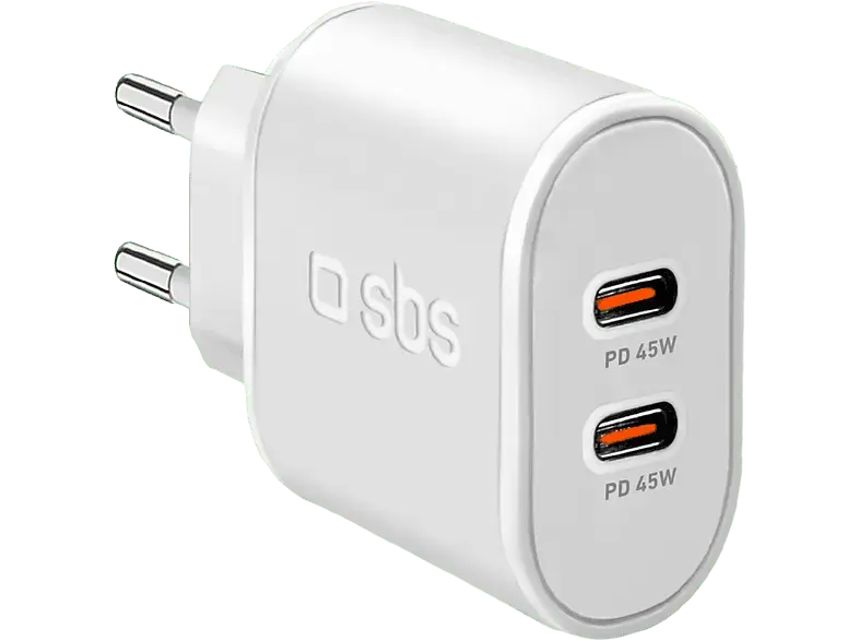 SBS TETR2CPD45W Ladegerät mit Power Delivery, 45W, 2x USB-Type-C, Weiß