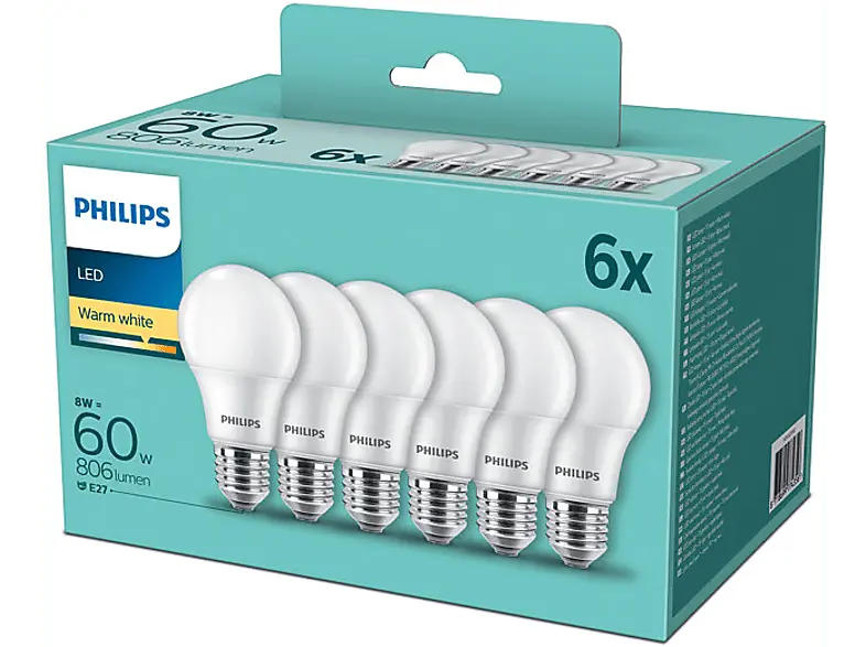 Philips LED 60W A60 E27 WW FR ND 6PF/4 DISC, weiß, 6er Pack; Leuchtmittel