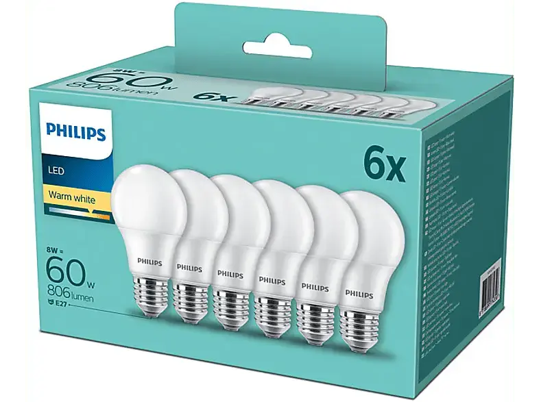 Philips LED 60W A60 E27 WW FR ND 6PF/4 DISC, weiß, 6er Pack; Leuchtmittel