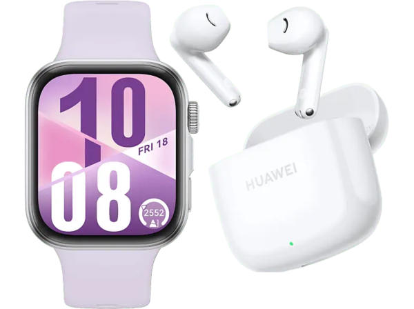 Huawei Fit 4 Silber mit Fluorelastomer-Armband, Violett inkl. FreeBuds SE 2, Ceramic White; Smartwatch