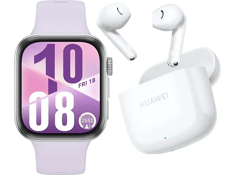 Huawei Fit 4 Silber mit Fluorelastomer-Armband, Violett inkl. FreeBuds SE 2, Ceramic White; Smartwatch