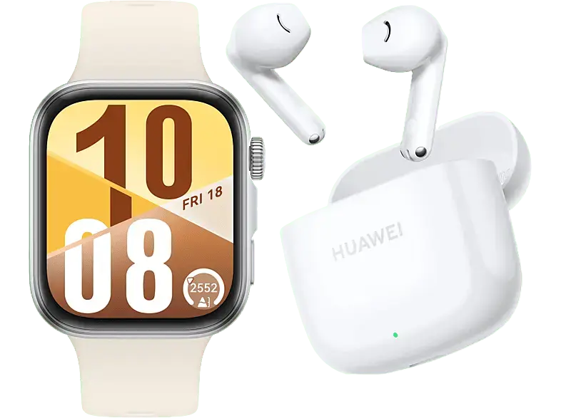 Huawei Fit 4 Silber mit Fluorelastomer-Armband, Weiß inkl. FreeBuds SE 2, Ceramic White; Smartwatch