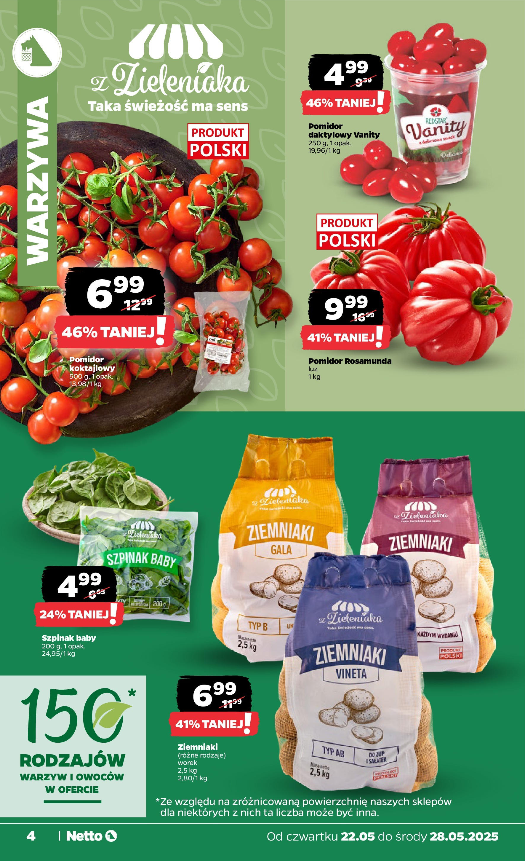 Netto gazetka - Spożywcza od 22.05.2025 | Promocje | Strona: 4 | Produkty: Szpinak, Ziemniaki, Warzywa Netto gazetka - Spożywcza od 22.05.2025 - Aktualne promocje | Strona: 4 | Produkty: Szpinak, Ziemniaki, Warzywa