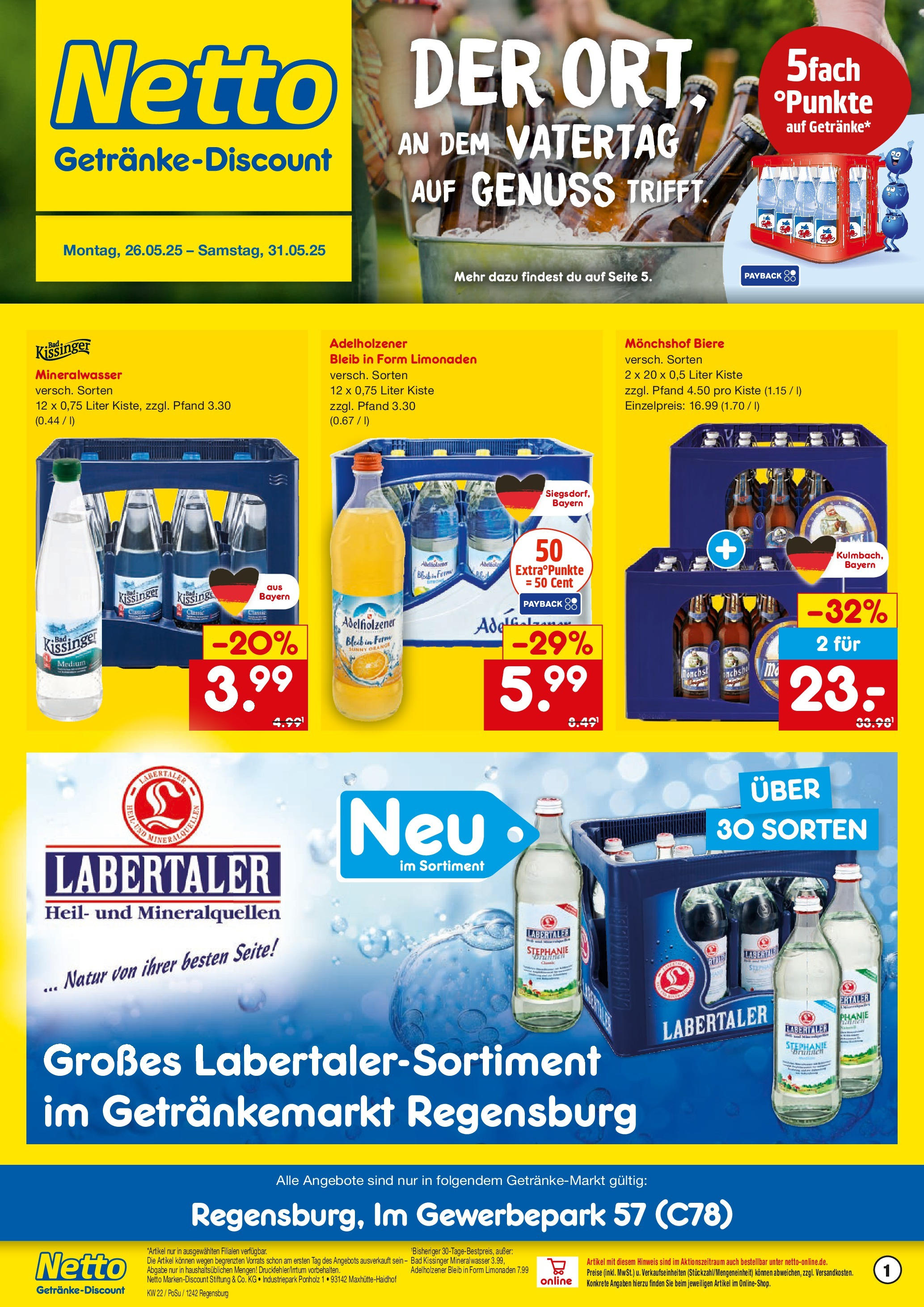 Netto Marken-Discount prospekt Regensburg	 (ab 26.05.2025) » Angebote | Seite: 1 | Produkte: Monchshof, Bad, Adelholzener, Mineralwasser