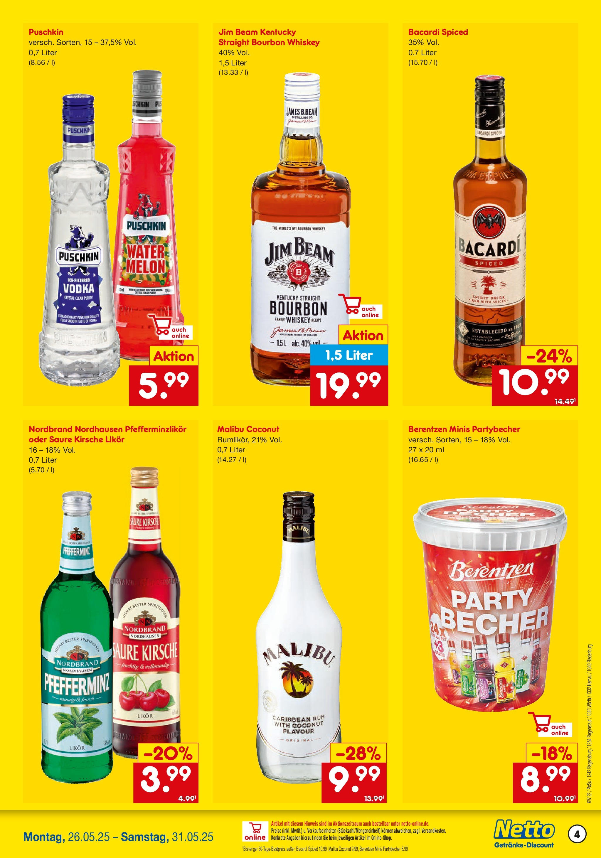 Netto Marken-Discount prospekt Regensburg	 (ab 26.05.2025) » Angebote | Seite: 4 | Produkte: Bacardi, Rum, Vodka, Whiskey