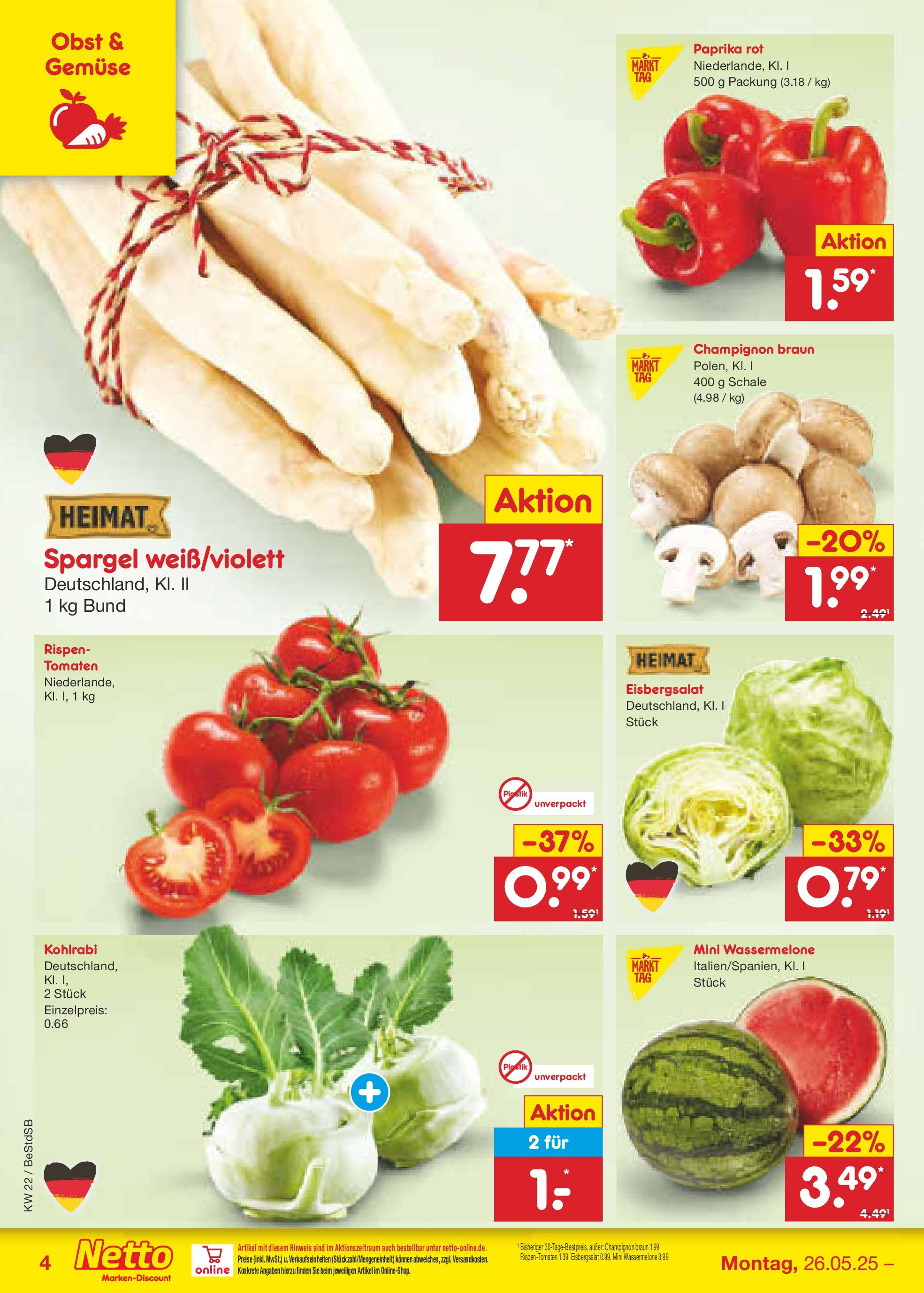 Netto Marken-Discount prospekt Berlin-Spandau (ab 26.05.2025) » Angebote | Seite: 4 | Produkte: Paprika rot, Kohlrabi, Eisbergsalat, Obst Netto Marken-Discount prospekt Berlin-Spandau (ab 26.05.2025) » Angebote | Seite: 4 | Produkte: Paprika rot, Kohlrabi, Eisbergsalat, Obst