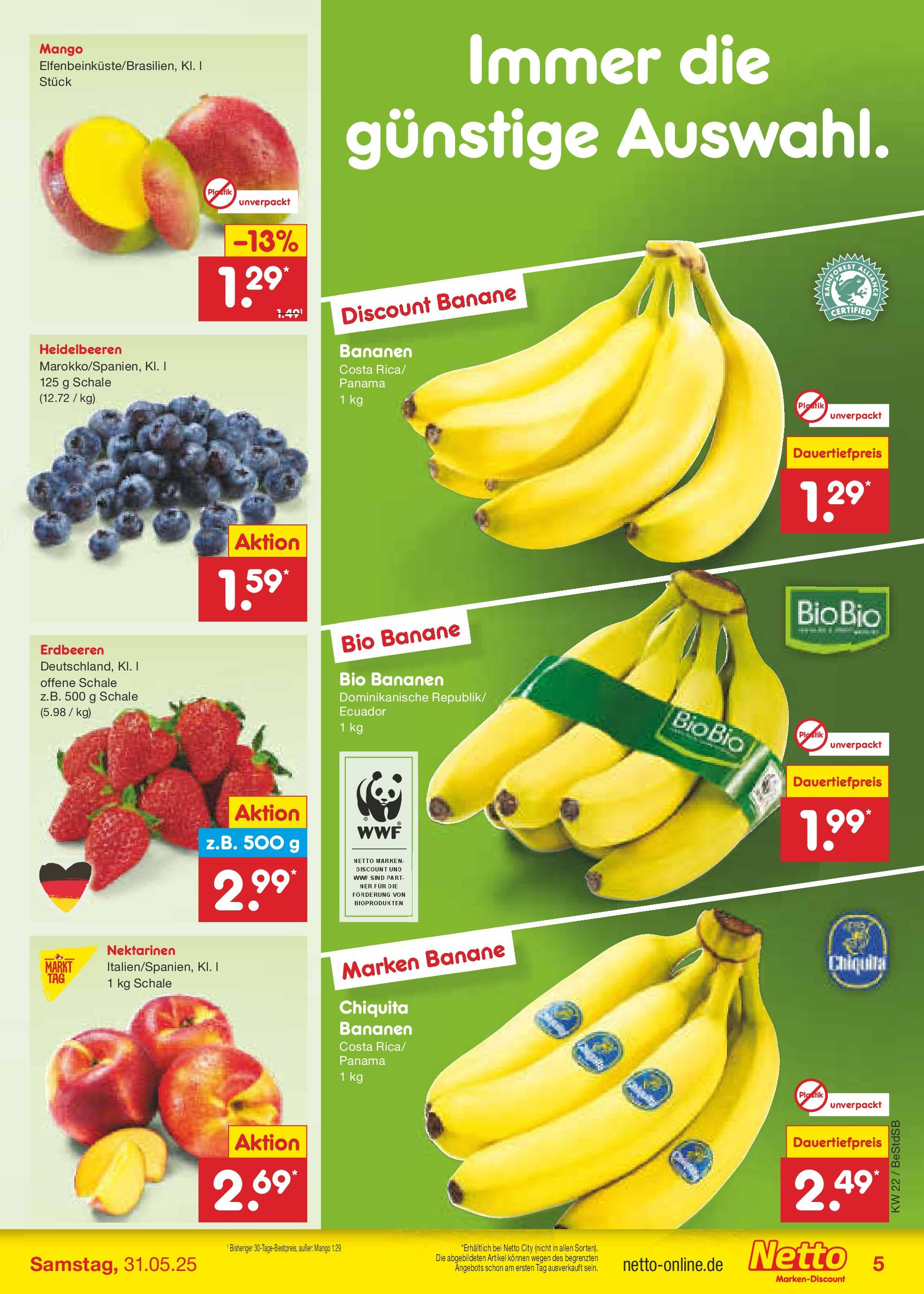Netto Marken-Discount prospekt Berlin-Spandau (ab 26.05.2025) » Angebote | Seite: 5 | Produkte: Nektarinen, Bananen, Mango, Erdbeeren Netto Marken-Discount prospekt Berlin-Spandau (ab 26.05.2025) » Angebote | Seite: 5 | Produkte: Nektarinen, Bananen, Mango, Erdbeeren