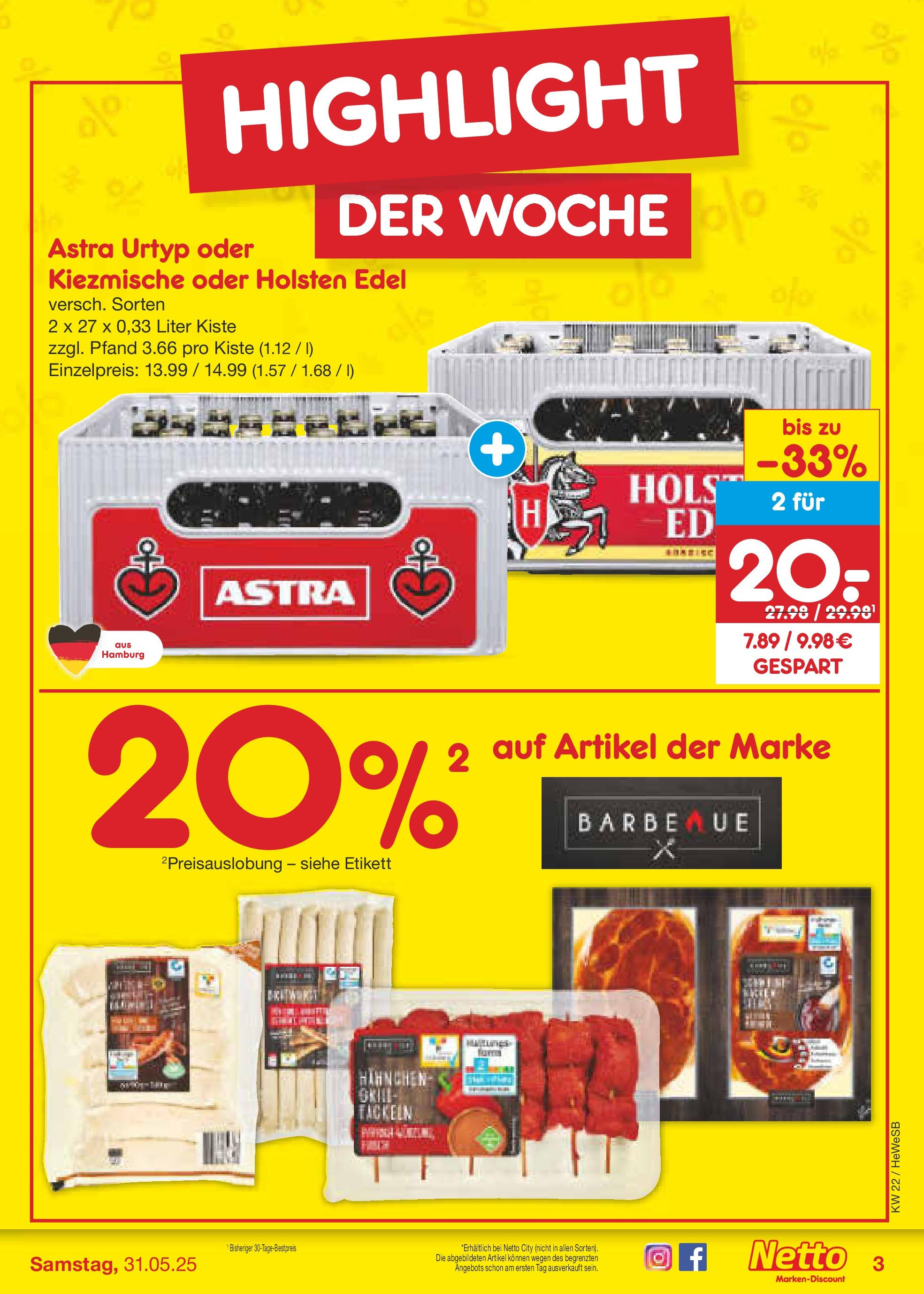 Netto Marken-Discount prospekt Brietlingen (ab 26.05.2025) » Angebote | Seite: 3 | Produkte: Hahnchen, Holsten edel, Astra, Holsten