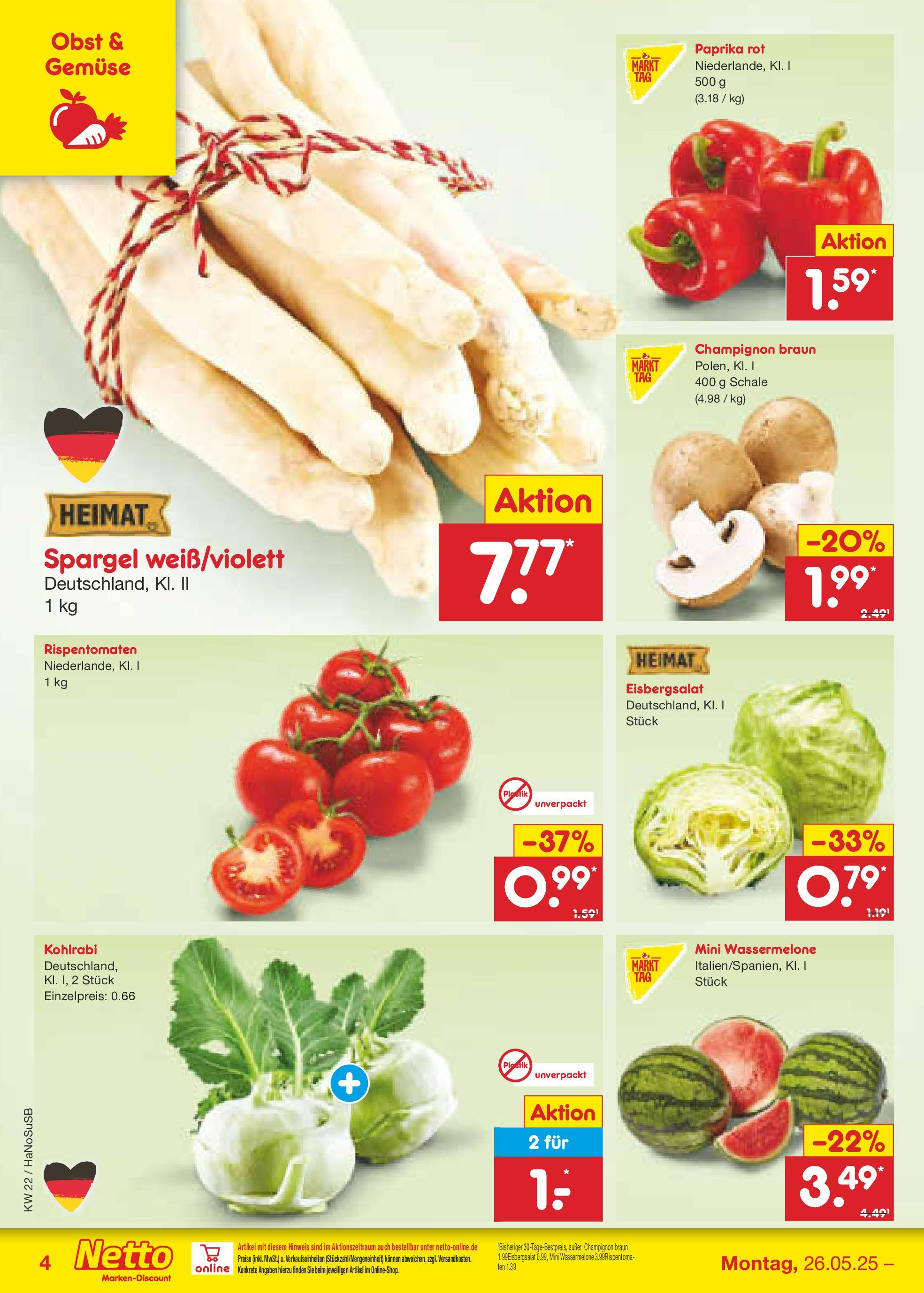 Netto Marken-Discount prospekt Schwerte-Geisecke (ab 26.05.2025) » Angebote | Seite: 4 | Produkte: Kohlrabi, Eisbergsalat, Spargel, Obst