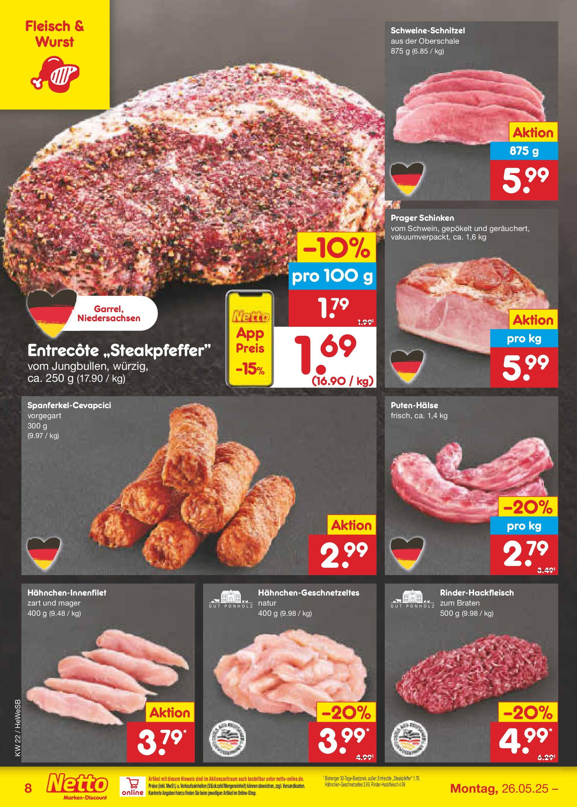 Netto Marken-Discount prospekt Brietlingen (ab 26.05.2025) » Angebote | Seite: 10 | Produkte: Entrecote, Wurst, Schinken, Fleisch
