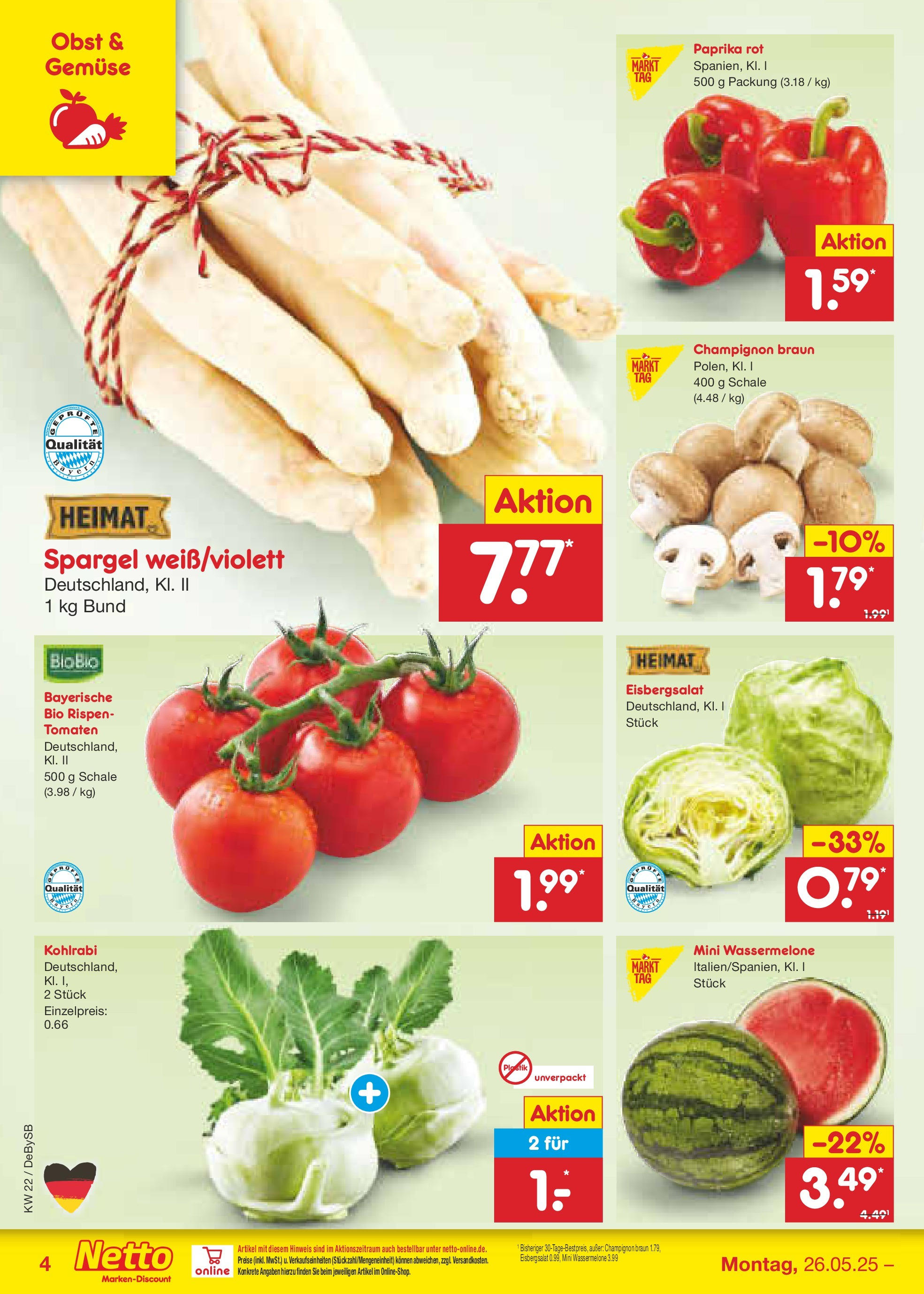 Netto Marken-Discount prospekt Thierhaupten (ab 26.05.2025) » Angebote | Seite: 4 | Produkte: Tomaten, Spargel, Gemüse, Obst