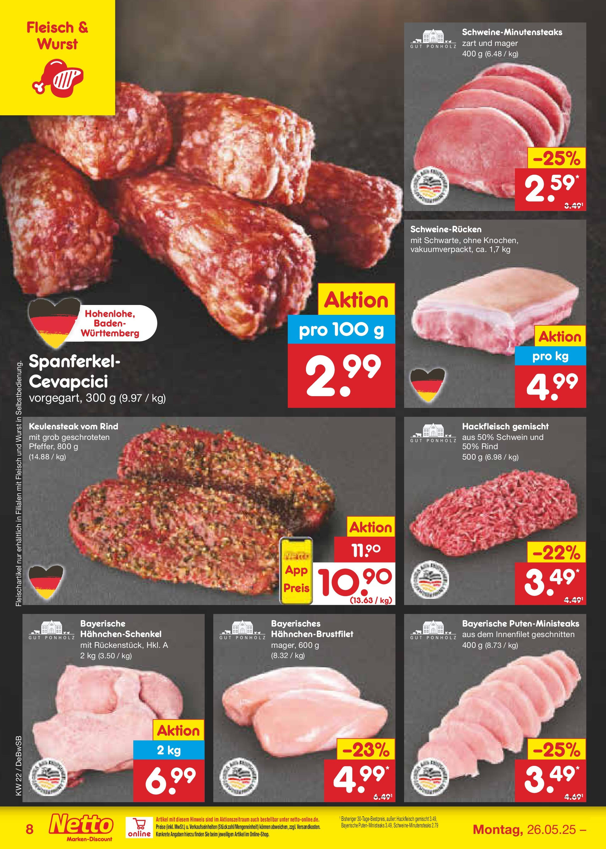 Netto Marken-Discount prospekt Waiblingen-Bittenfeld (ab 26.05.2025) » Angebote | Seite: 10 | Produkte: Hahnchenschenkel, Cevapcici, Wurst, Fleisch