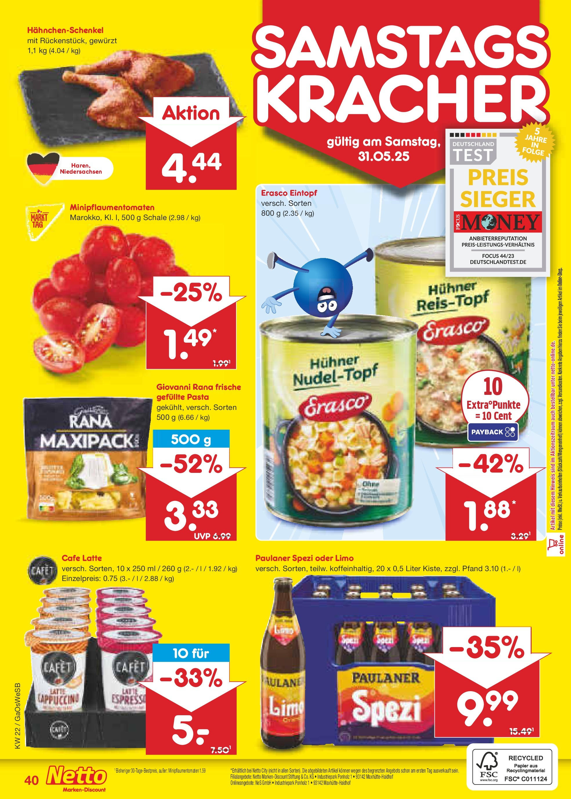 Netto Marken-Discount prospekt Moormerland	 (ab 26.05.2025) » Angebote | Seite: 62 | Produkte: Hahnchenschenkel, Paulaner spezi, Pasta, Erasco