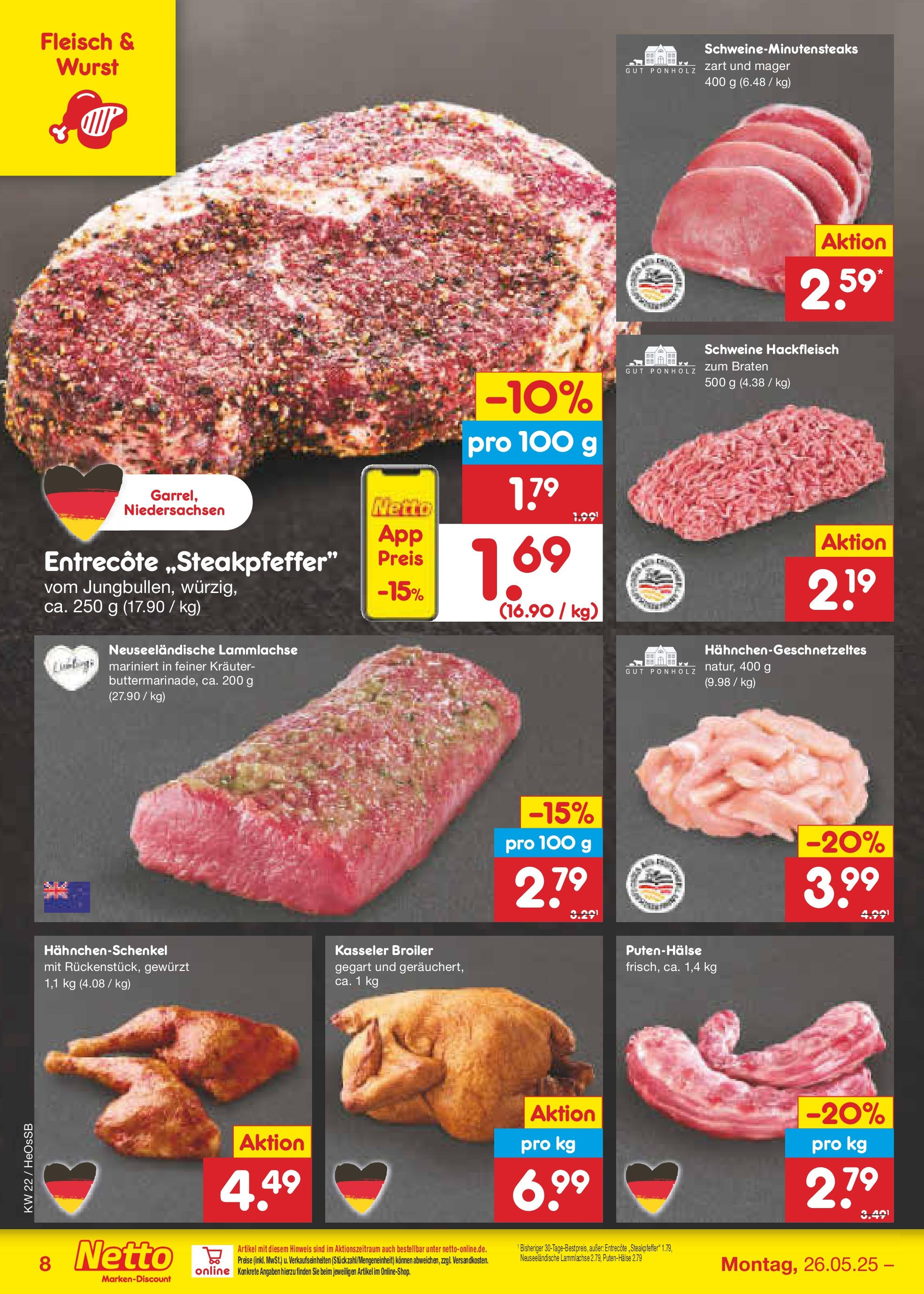 Netto Marken-Discount prospekt Kröpelin (ab 26.05.2025) » Angebote | Seite: 10 | Produkte: Hahnchenschenkel, Entrecote, Wurst, Hackfleisch