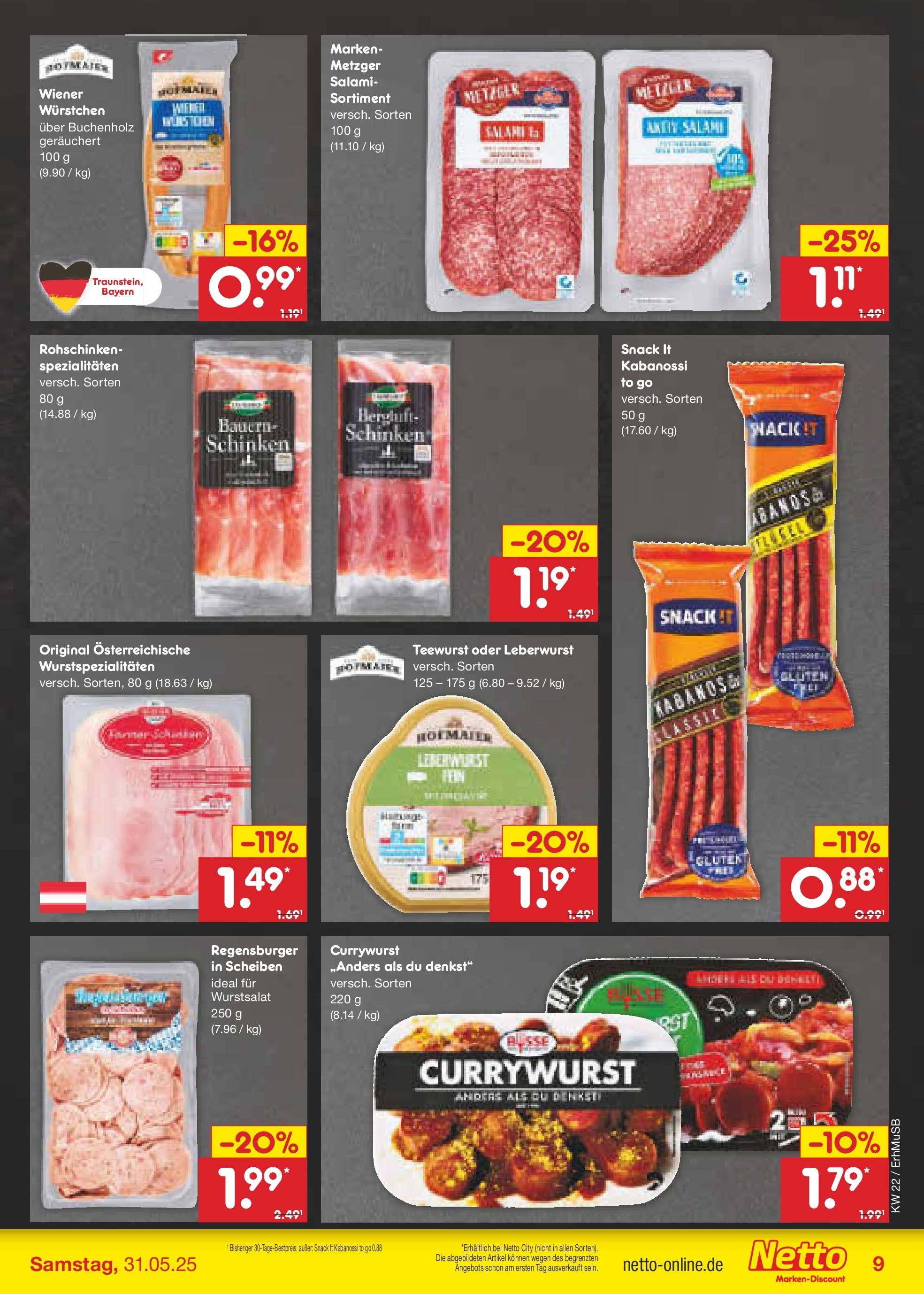 Netto Marken-Discount prospekt München	 (ab 26.05.2025) » Angebote | Seite: 11 | Produkte: Wiener wurstchen, Salami, Schinken