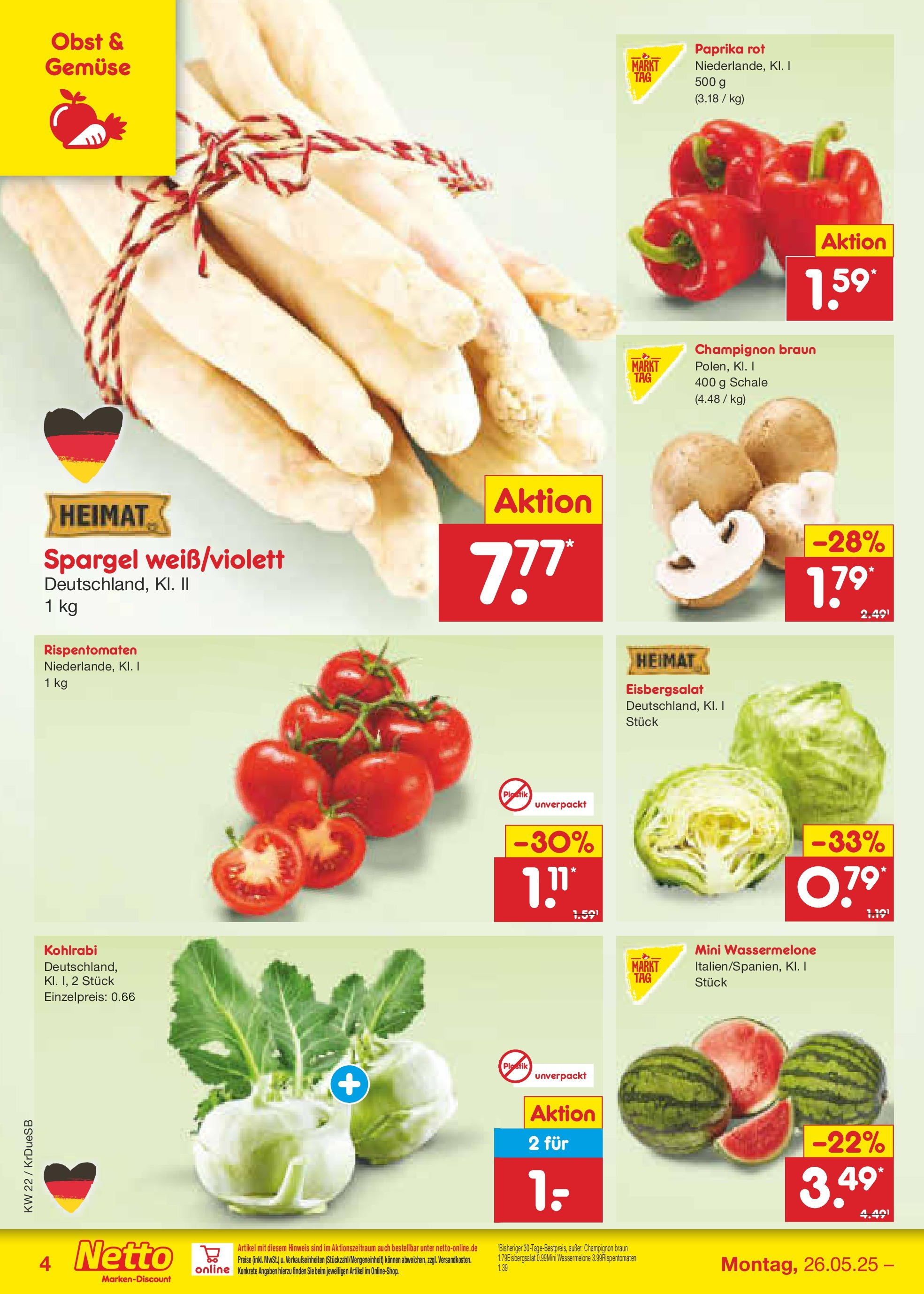 Netto Marken-Discount prospekt Düsseldorf-Rath (ab 26.05.2025) » Angebote | Seite: 4 | Produkte: Kohlrabi, Spargel, Paprika, Obst