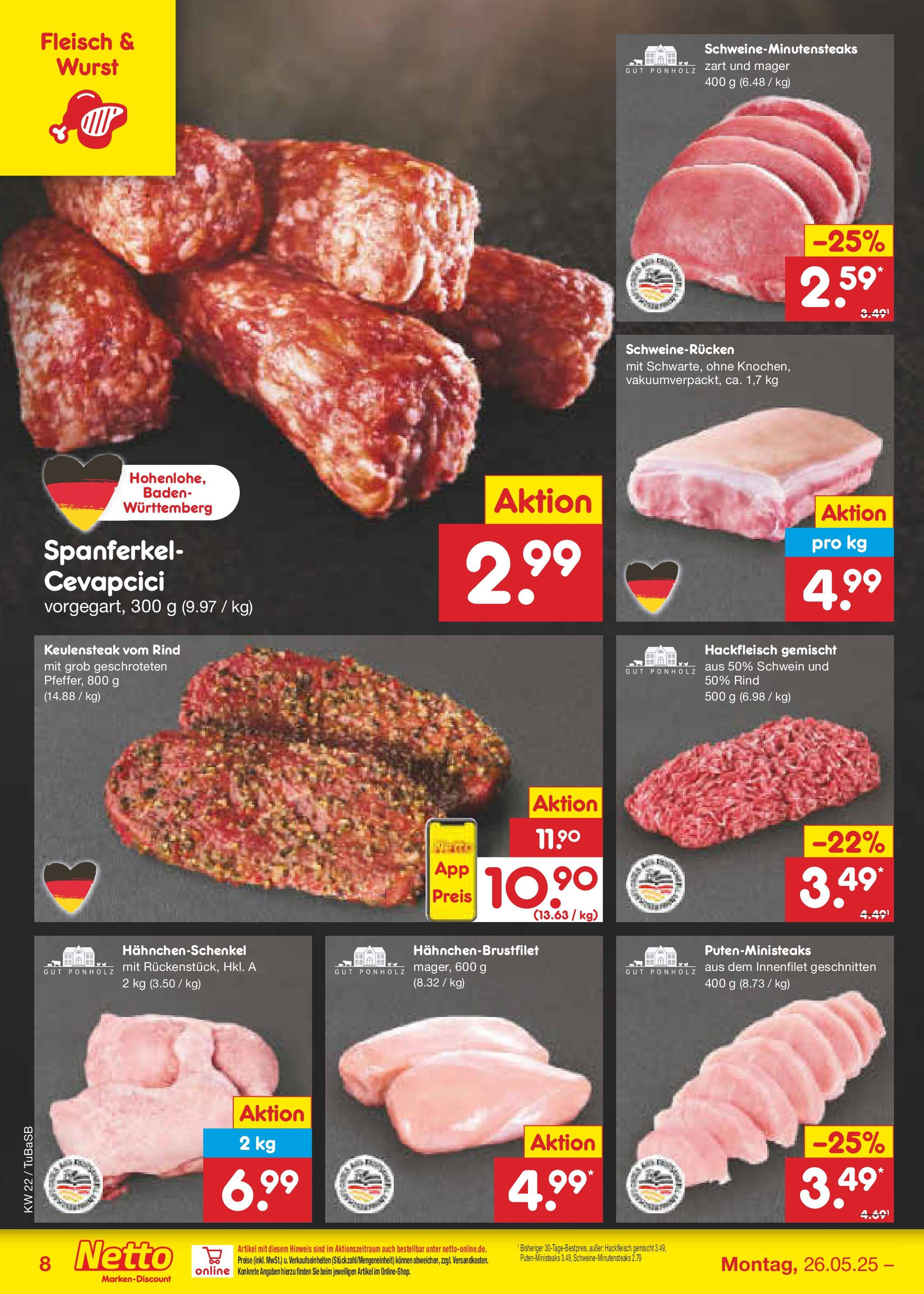 Netto Marken-Discount prospekt Lahr-Langenwinkel (ab 26.05.2025) » Angebote | Seite: 10 | Produkte: Hahnchenschenkel, Cevapcici, Wurst, Hackfleisch