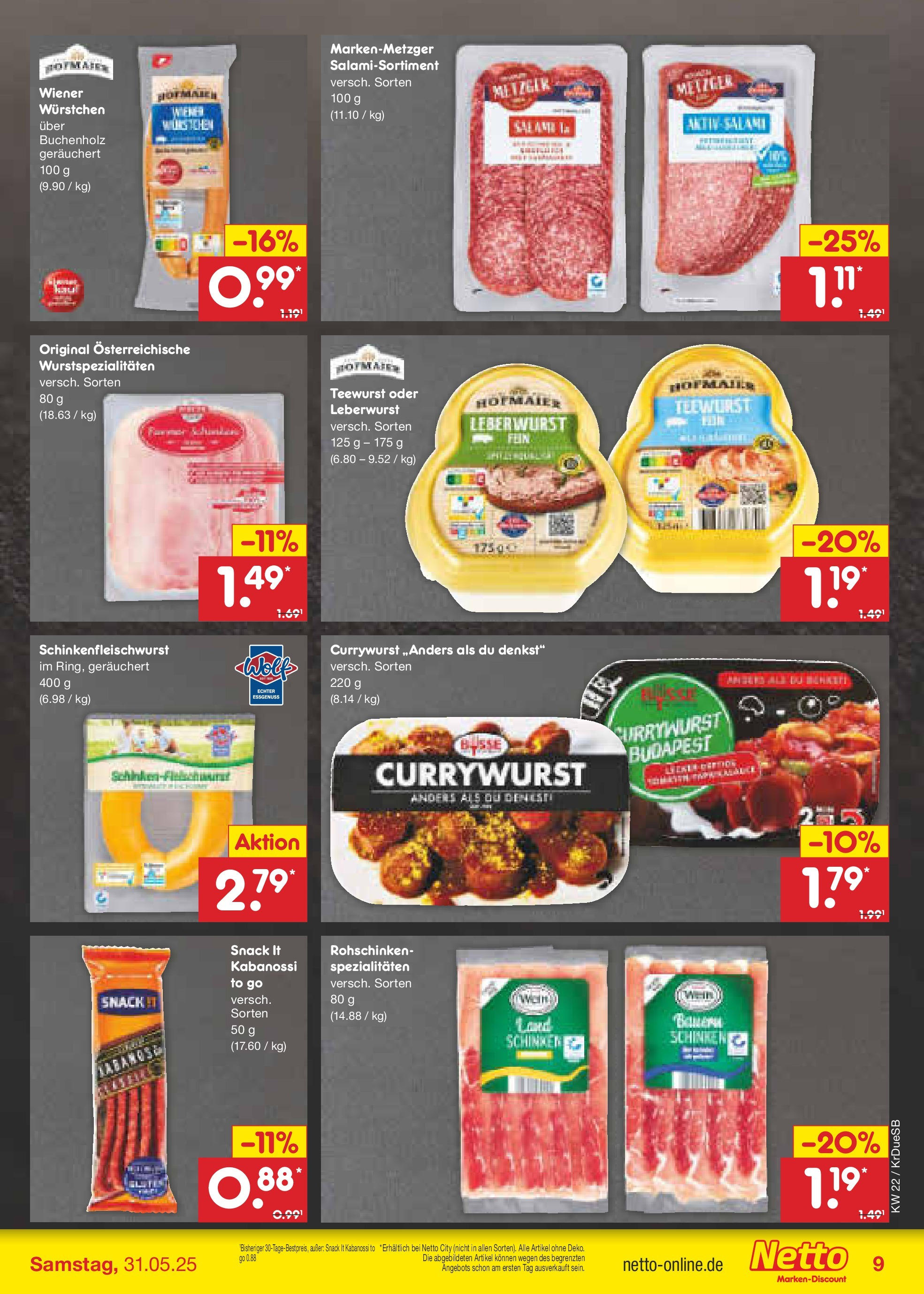 Netto Marken-Discount prospekt Düsseldorf-Rath (ab 26.05.2025) » Angebote | Seite: 11 | Produkte: Wiener wurstchen, Salami, Schinken, Wein