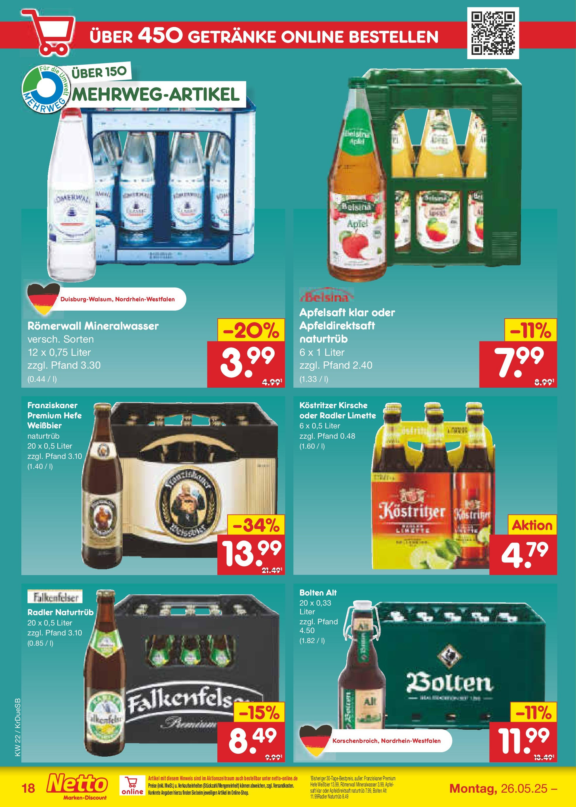 Netto Marken-Discount prospekt Düsseldorf-Rath (ab 26.05.2025) » Angebote | Seite: 26 | Produkte: Weißbier, Mineralwasser, Apple, Radler