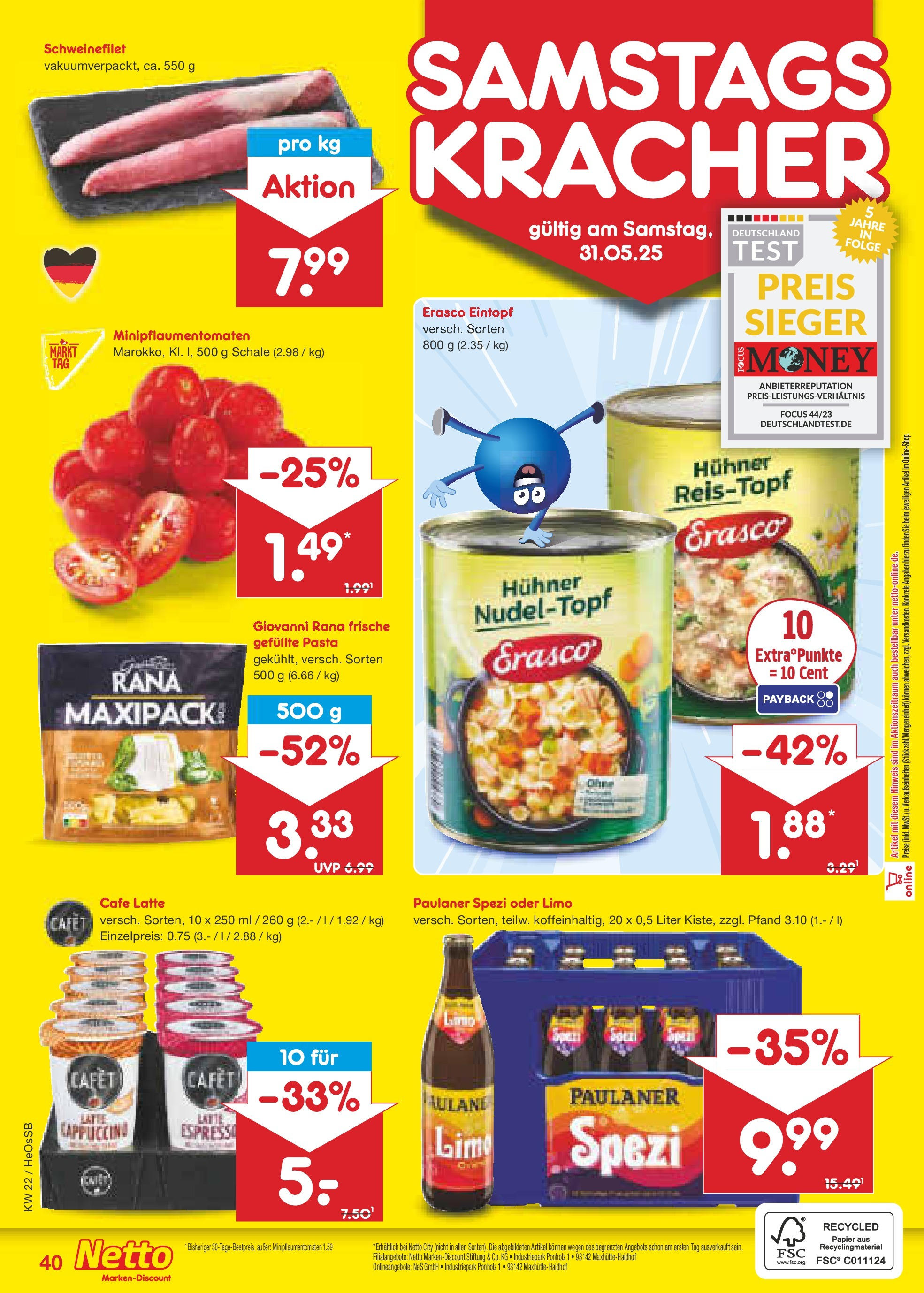 Netto Marken-Discount prospekt Kröpelin (ab 26.05.2025) » Angebote | Seite: 62 | Produkte: Schweinefilet, Pasta, Erasco, Paulaner